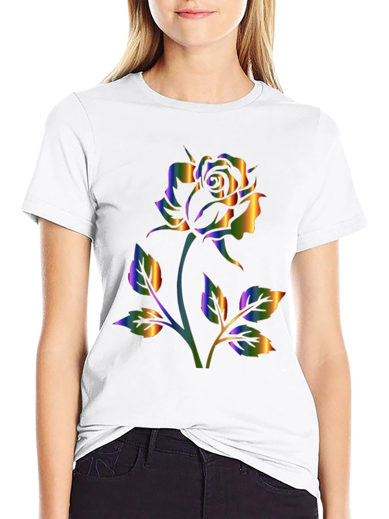Rainbow Rose Graphic Black T-Shirt
