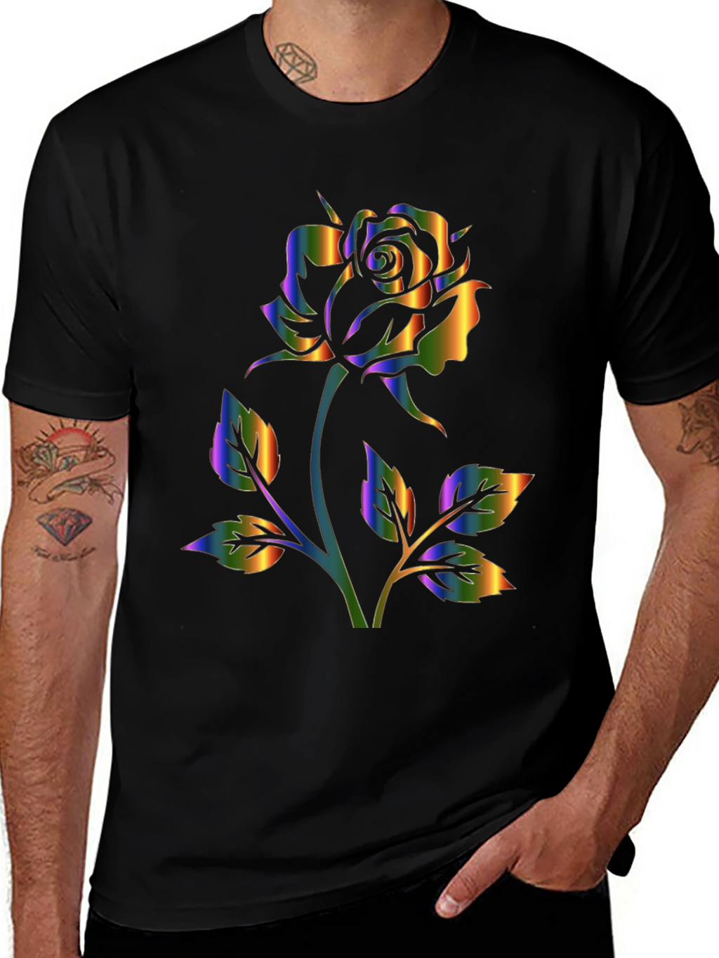 Rainbow Rose Graphic Black T-Shirt
