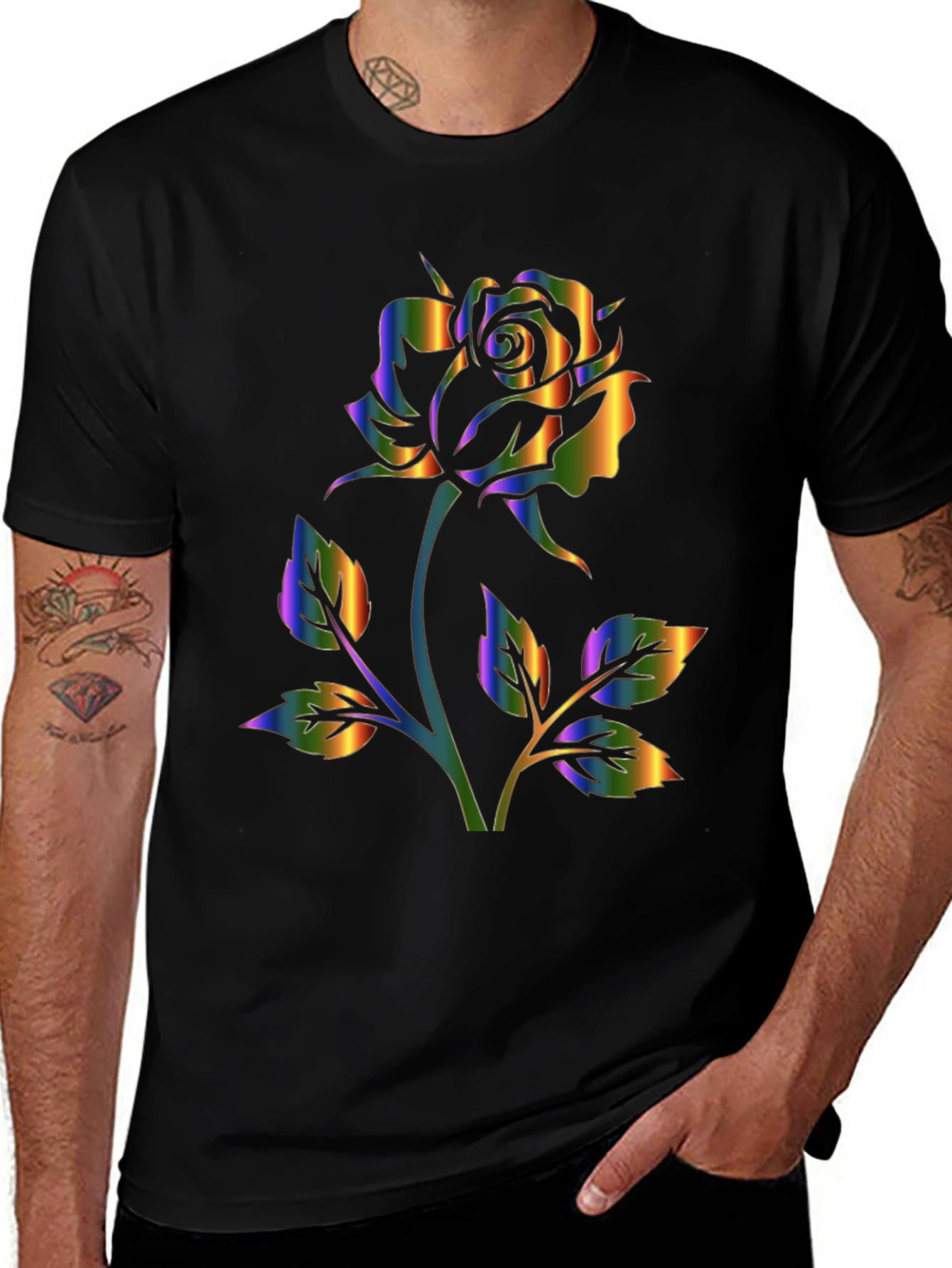 Rainbow Rose Graphic Black T-Shirt