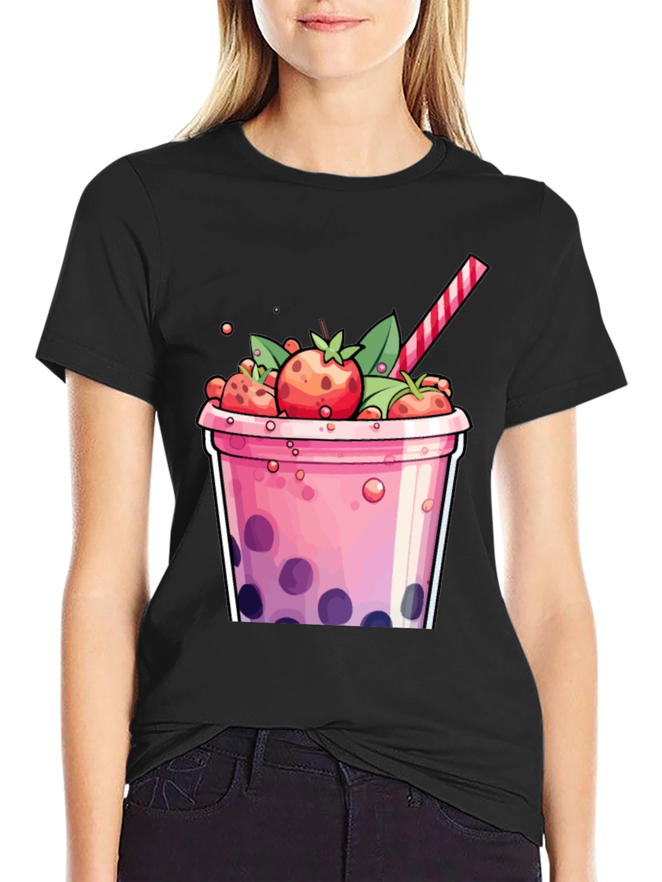 Strawberry Boba T-Shirt - Cute Cartoon Graphic Tee