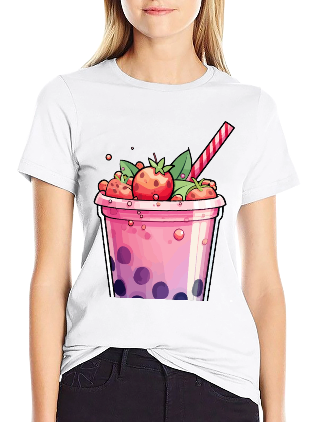 Strawberry Boba T-Shirt - Cute Cartoon Graphic Tee