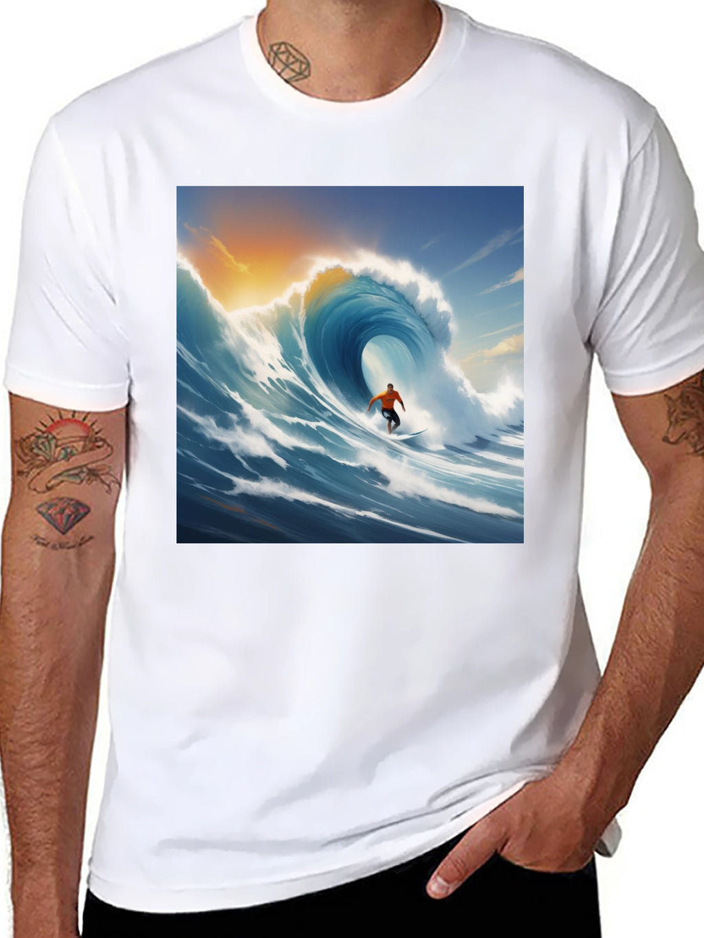 Surfing Wave Graphic Tee - Black Cotton T-Shirt