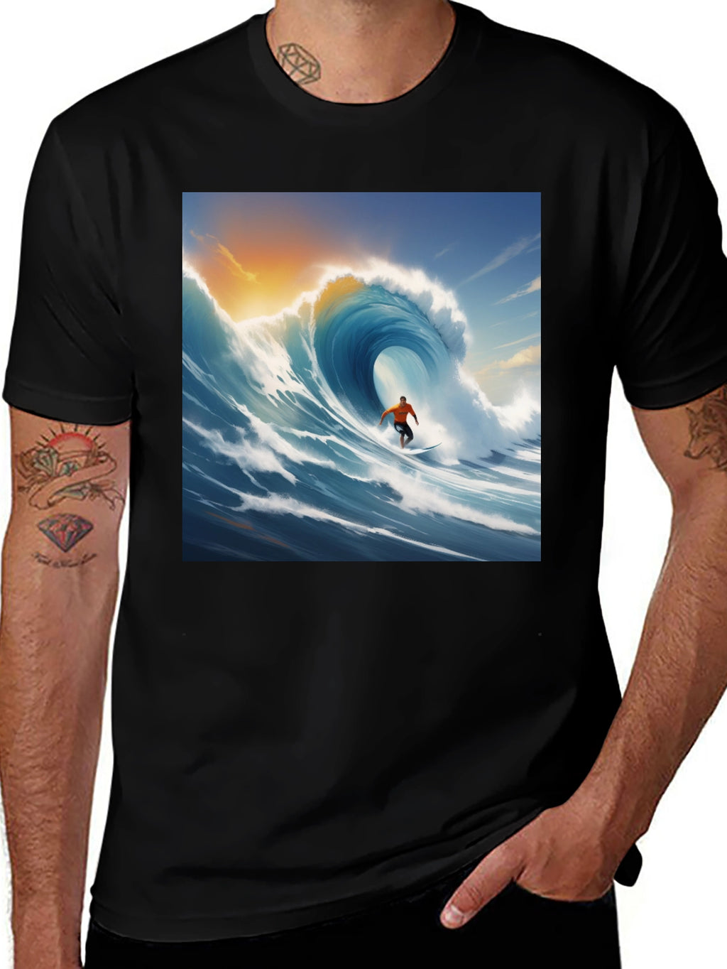 Surfing Wave Graphic Tee - Black Cotton T-Shirt