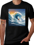 Surfing Wave Graphic Tee - Black Cotton T-Shirt