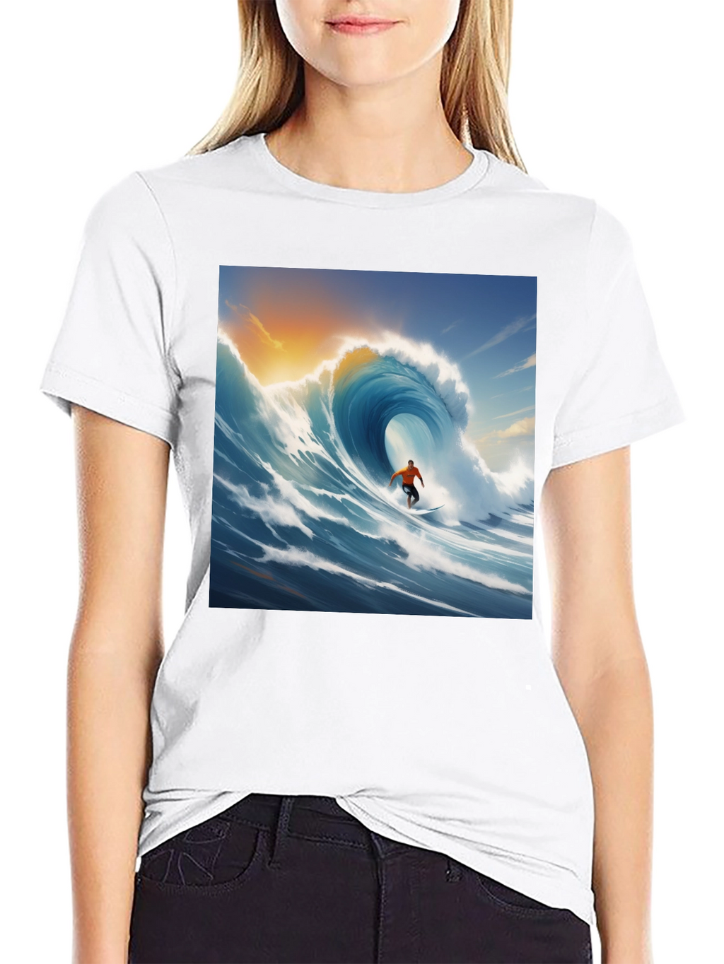 Surfing Wave Graphic Tee - Black Cotton T-Shirt