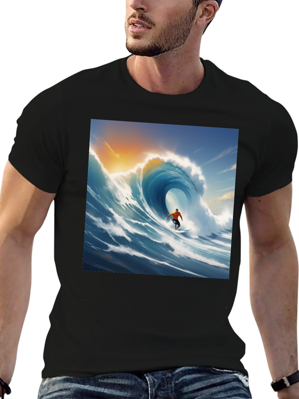 Surfing Wave Graphic Tee - Black Cotton T-Shirt