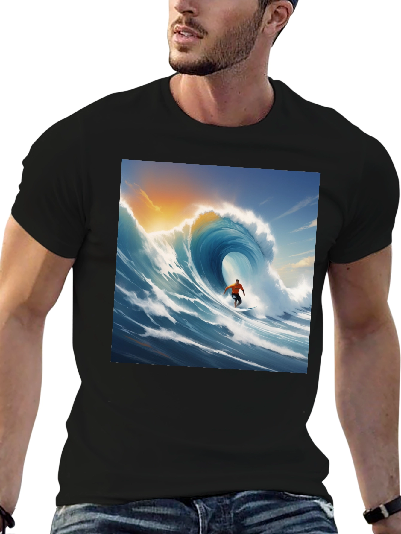 Surfing Wave Graphic Tee - Black Cotton T-Shirt