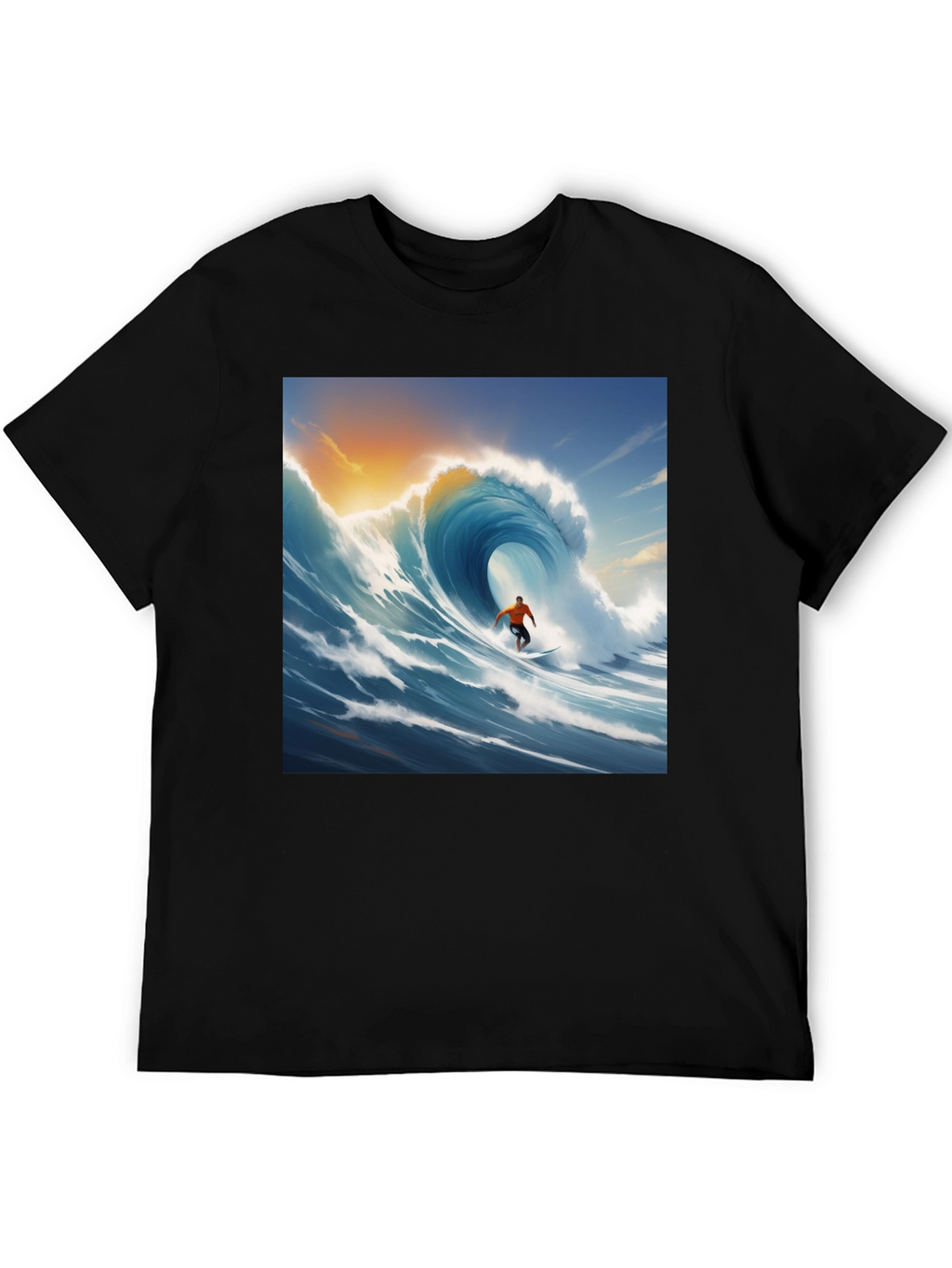 Surfing Wave Graphic Tee - Black Cotton T-Shirt