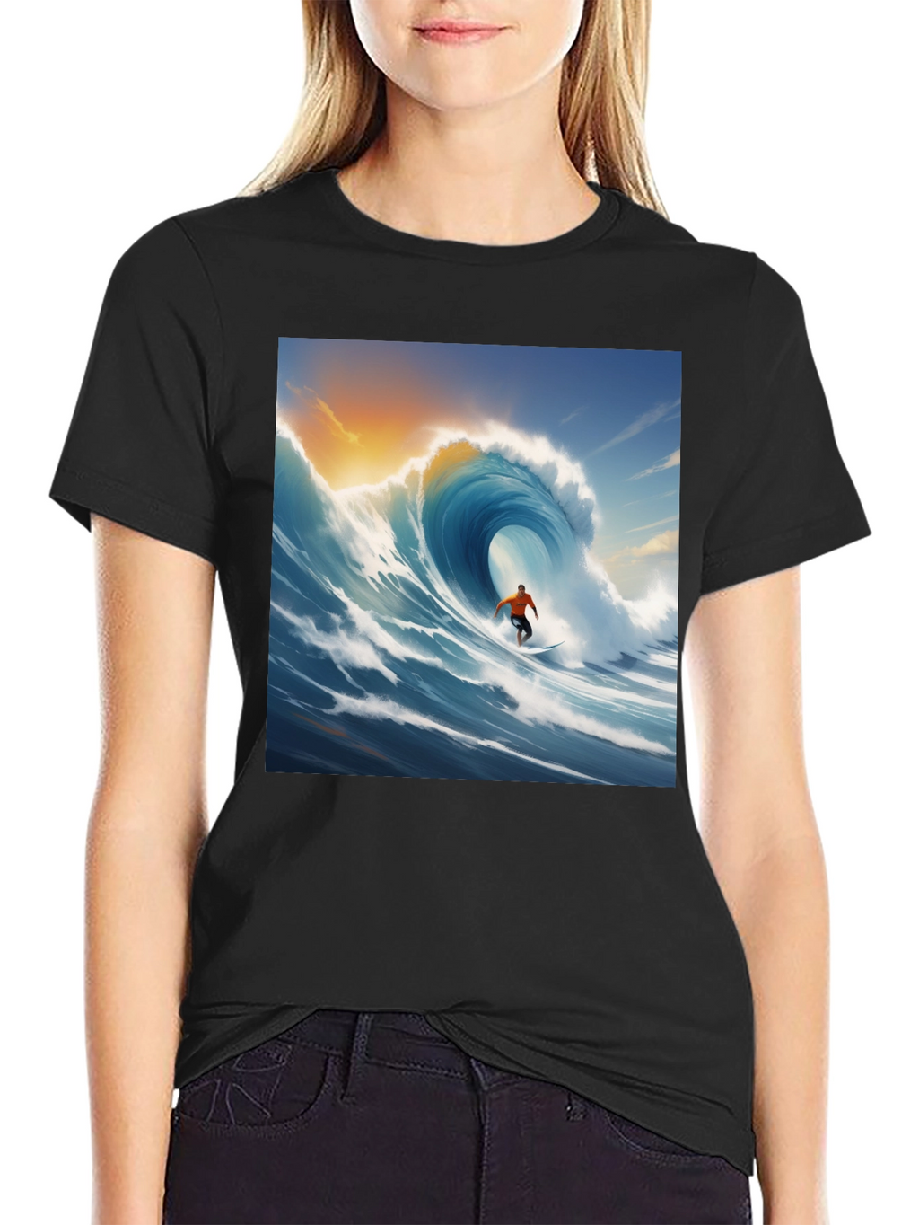 Surfing Wave Graphic Tee - Black Cotton T-Shirt