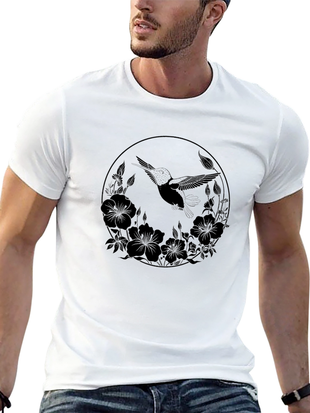 Hummingbird Floral Circle Black Graphic Tee