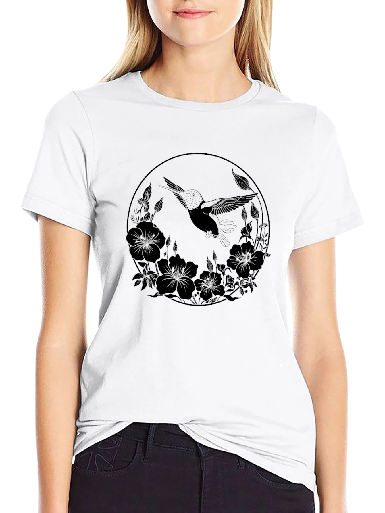 Hummingbird Floral Circle Black Graphic Tee