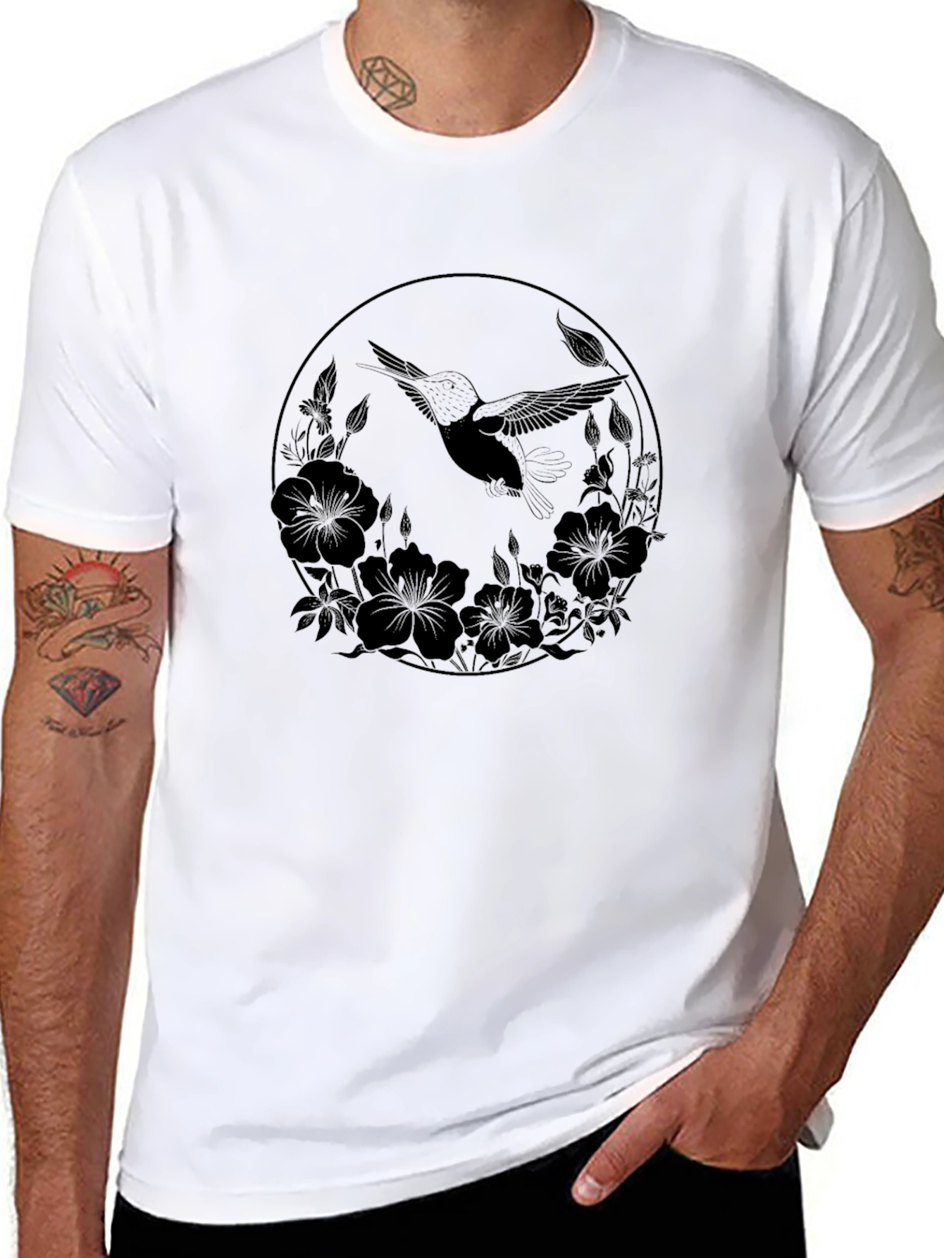 Hummingbird Floral Circle Black Graphic Tee