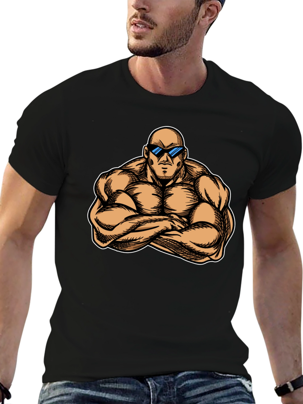 Muscled Cartoon Man Black Graphic Tee
