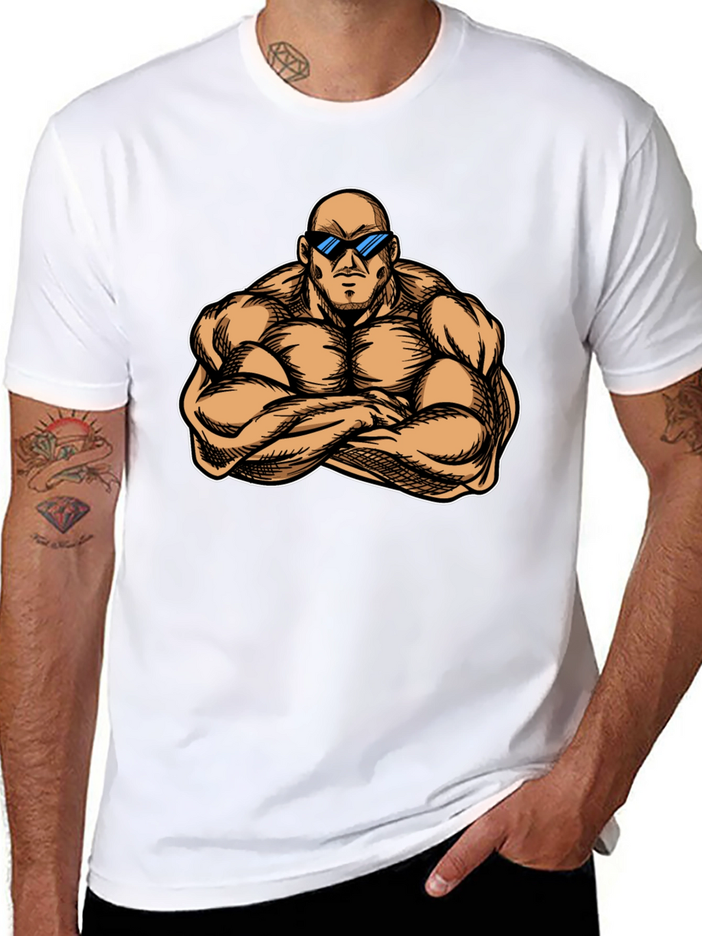 Muscled Cartoon Man Black Graphic Tee
