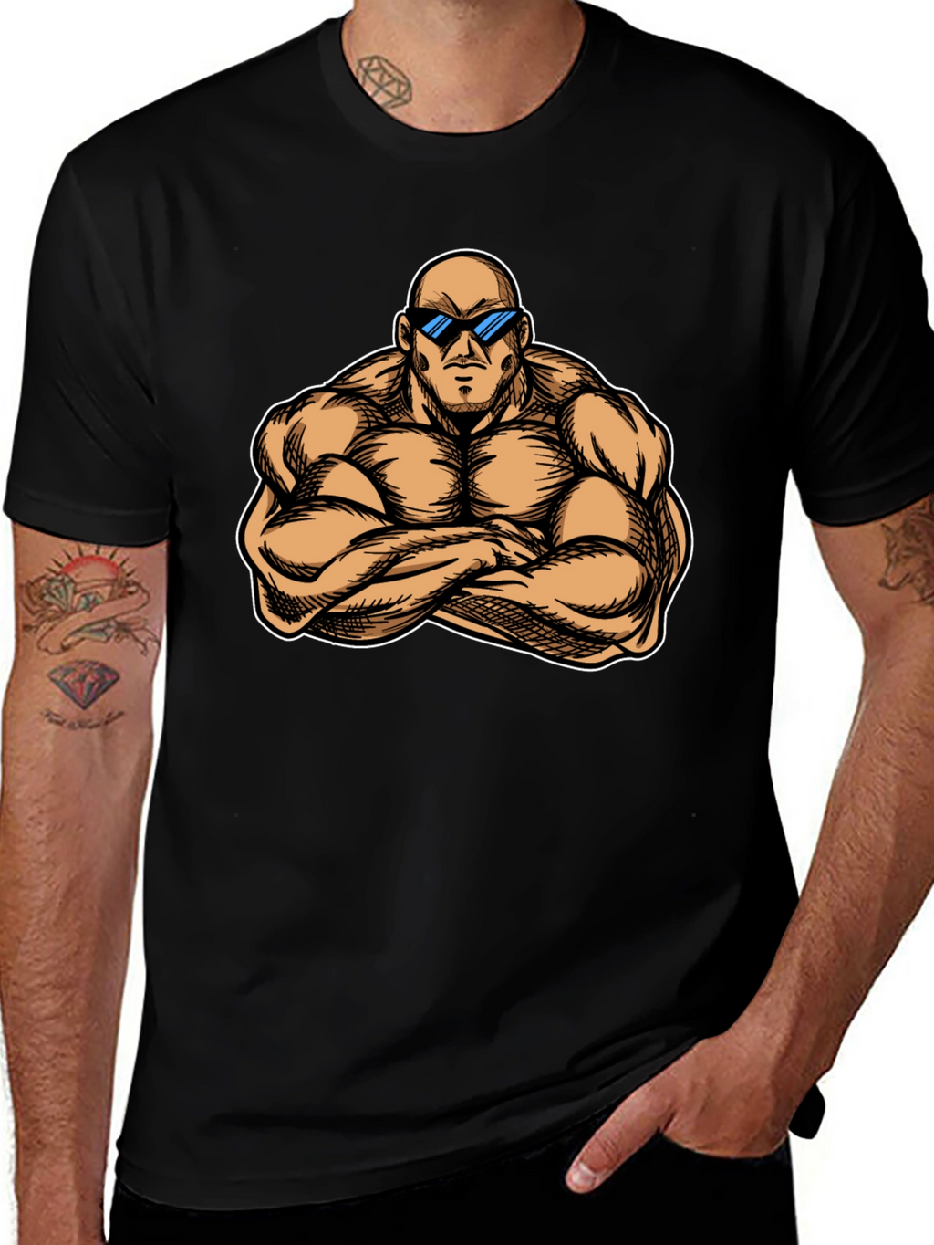 Muscled Cartoon Man Black Graphic Tee