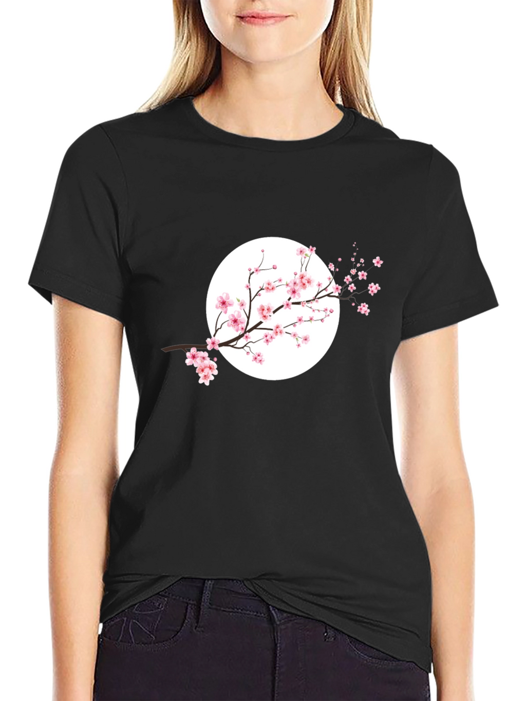 Black T-Shirt with Cherry Blossom Design
