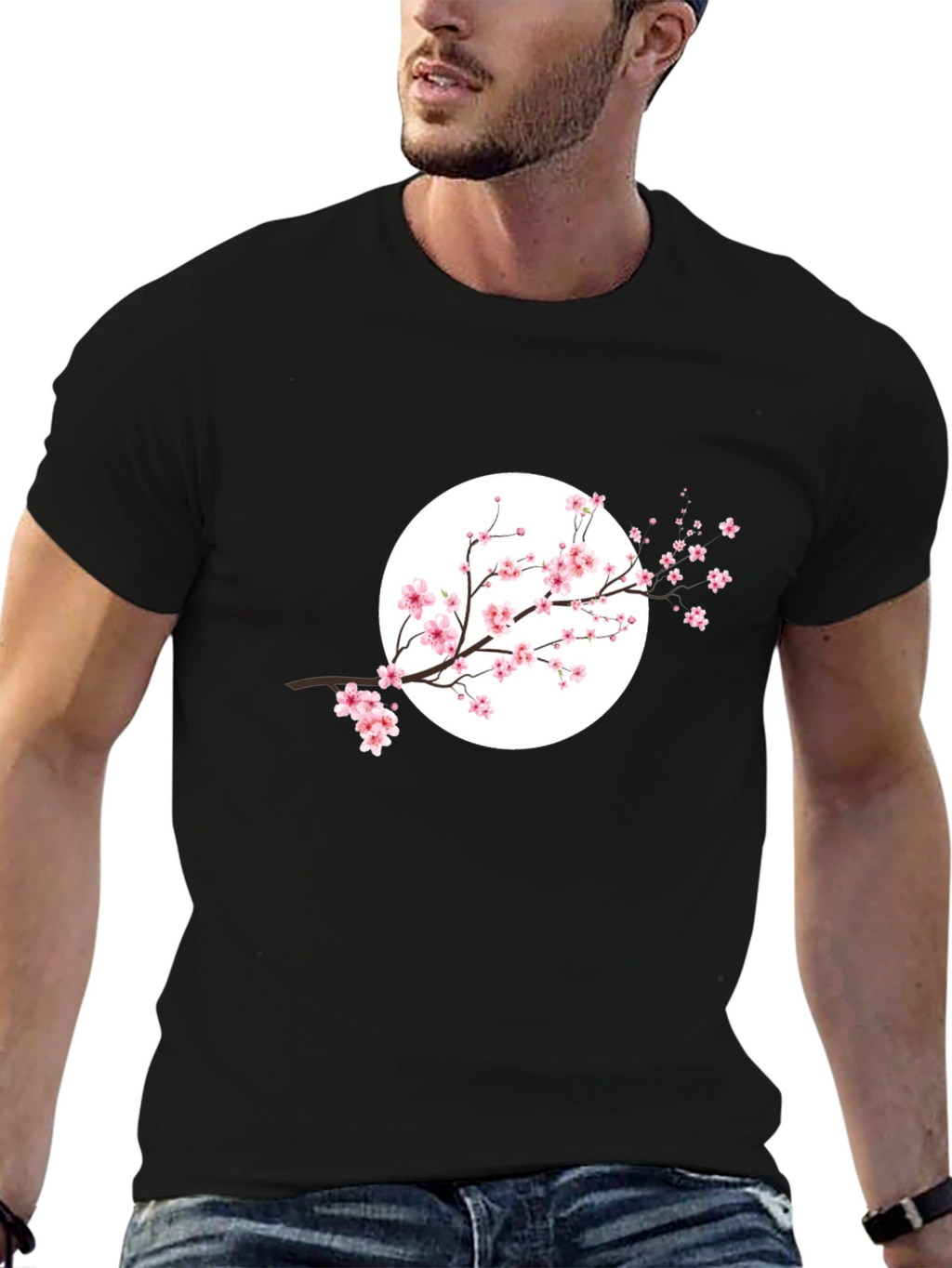 Black T-Shirt with Cherry Blossom Design