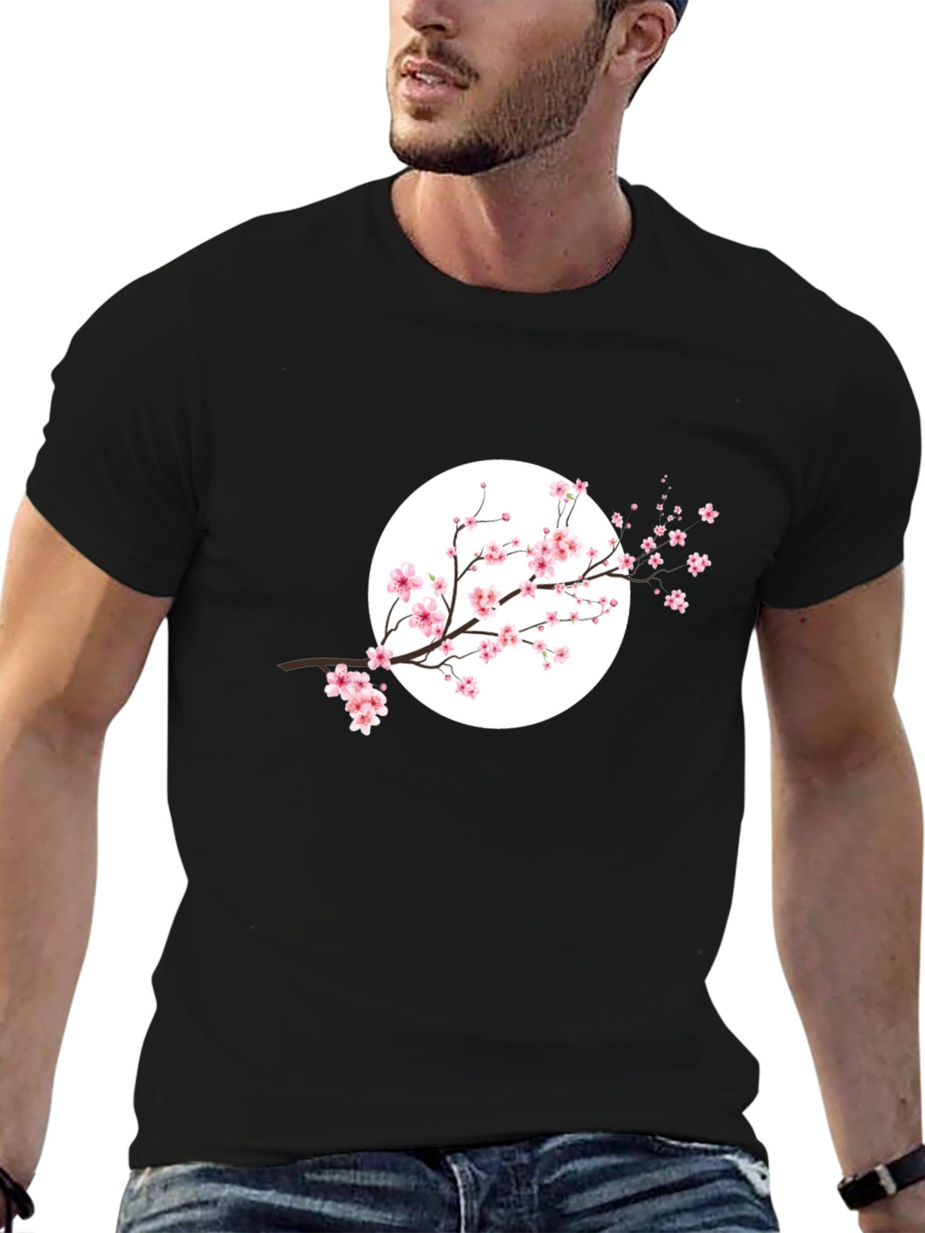 Black T-Shirt with Cherry Blossom Design