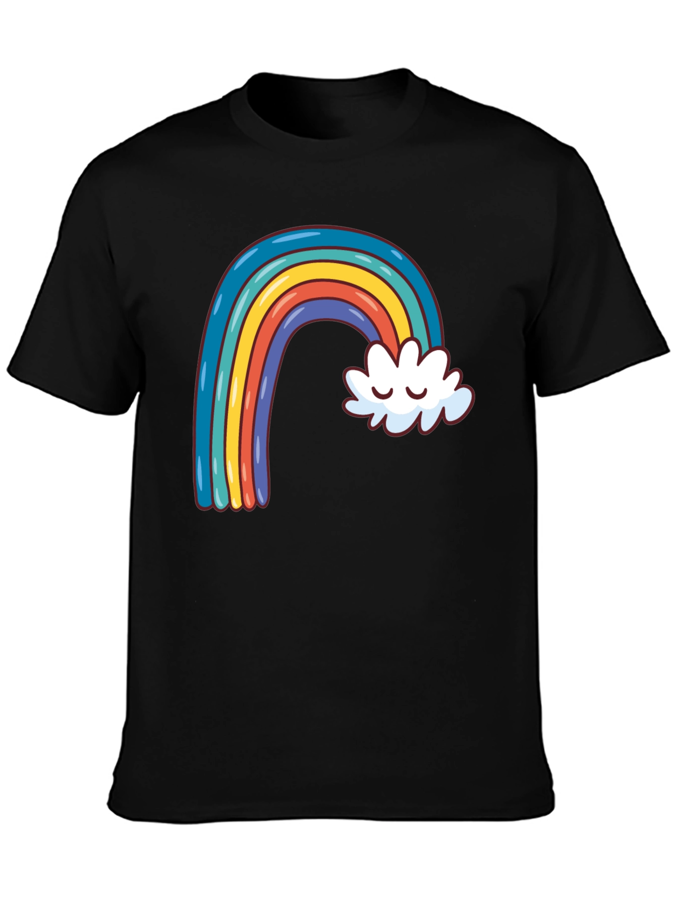 Rainbow & Cloud Graphic Tee - Black Cotton Casual Shirt