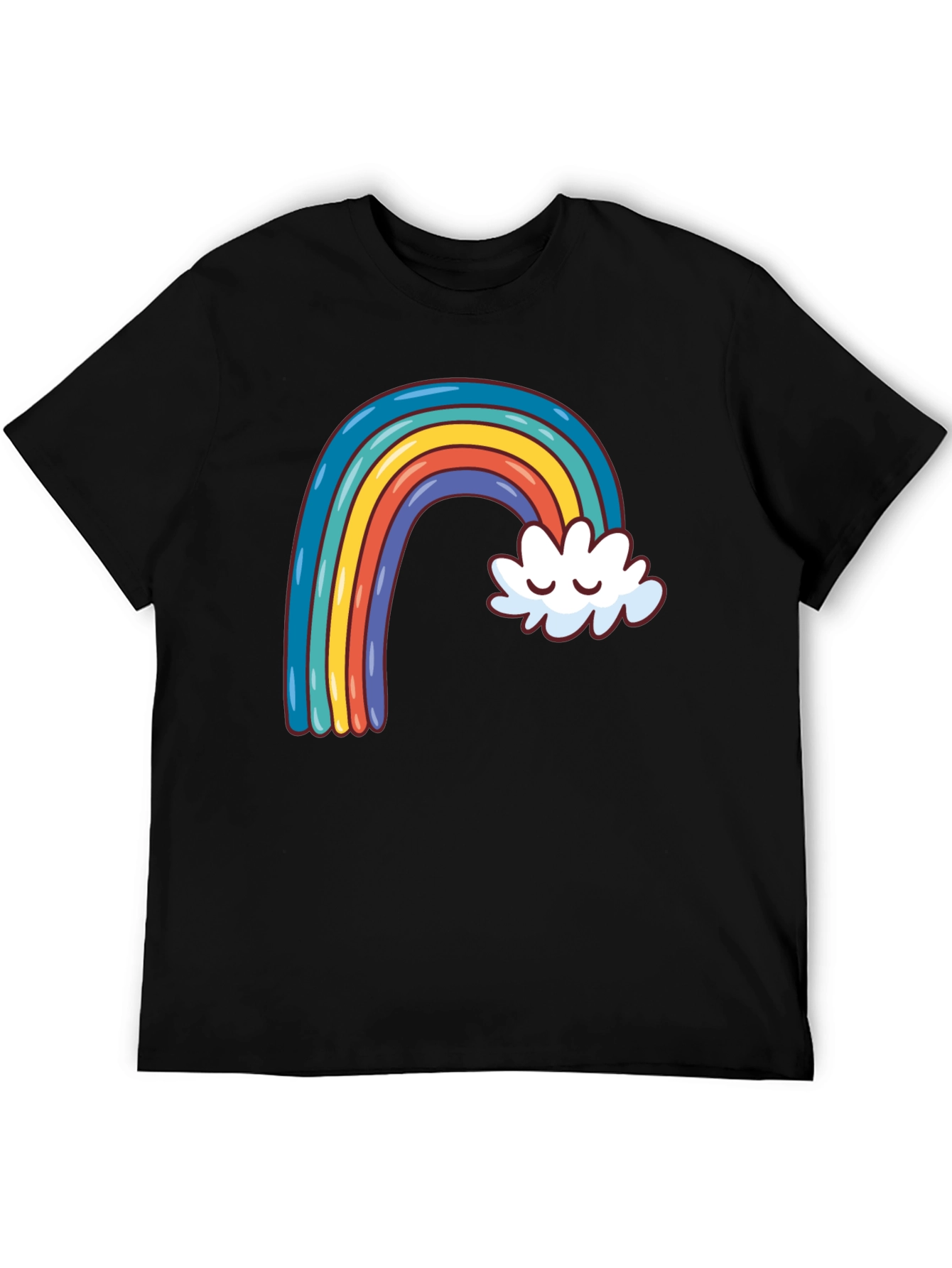 Rainbow & Cloud Graphic Tee - Black Cotton Casual Shirt