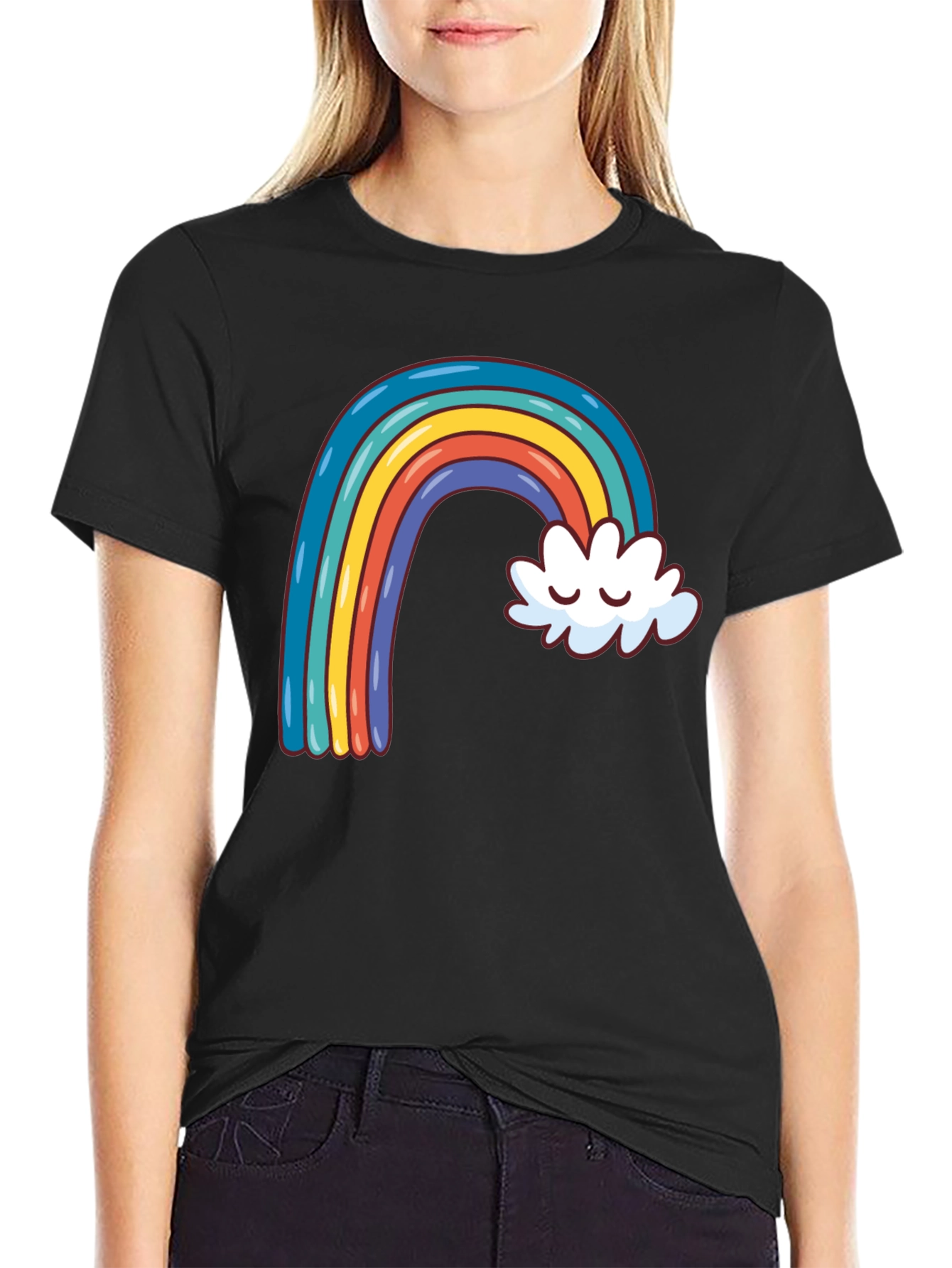 Rainbow & Cloud Graphic Tee - Black Cotton Casual Shirt
