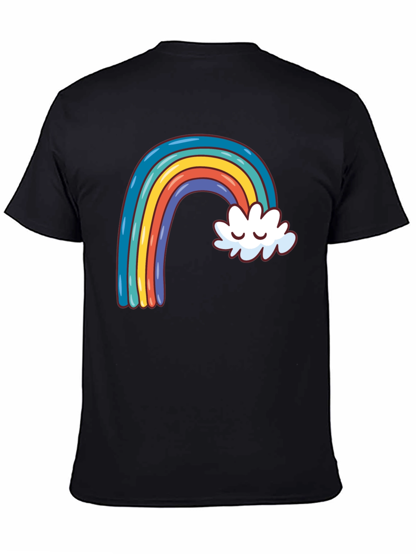 Rainbow & Cloud Graphic Tee - Black Cotton Casual Shirt