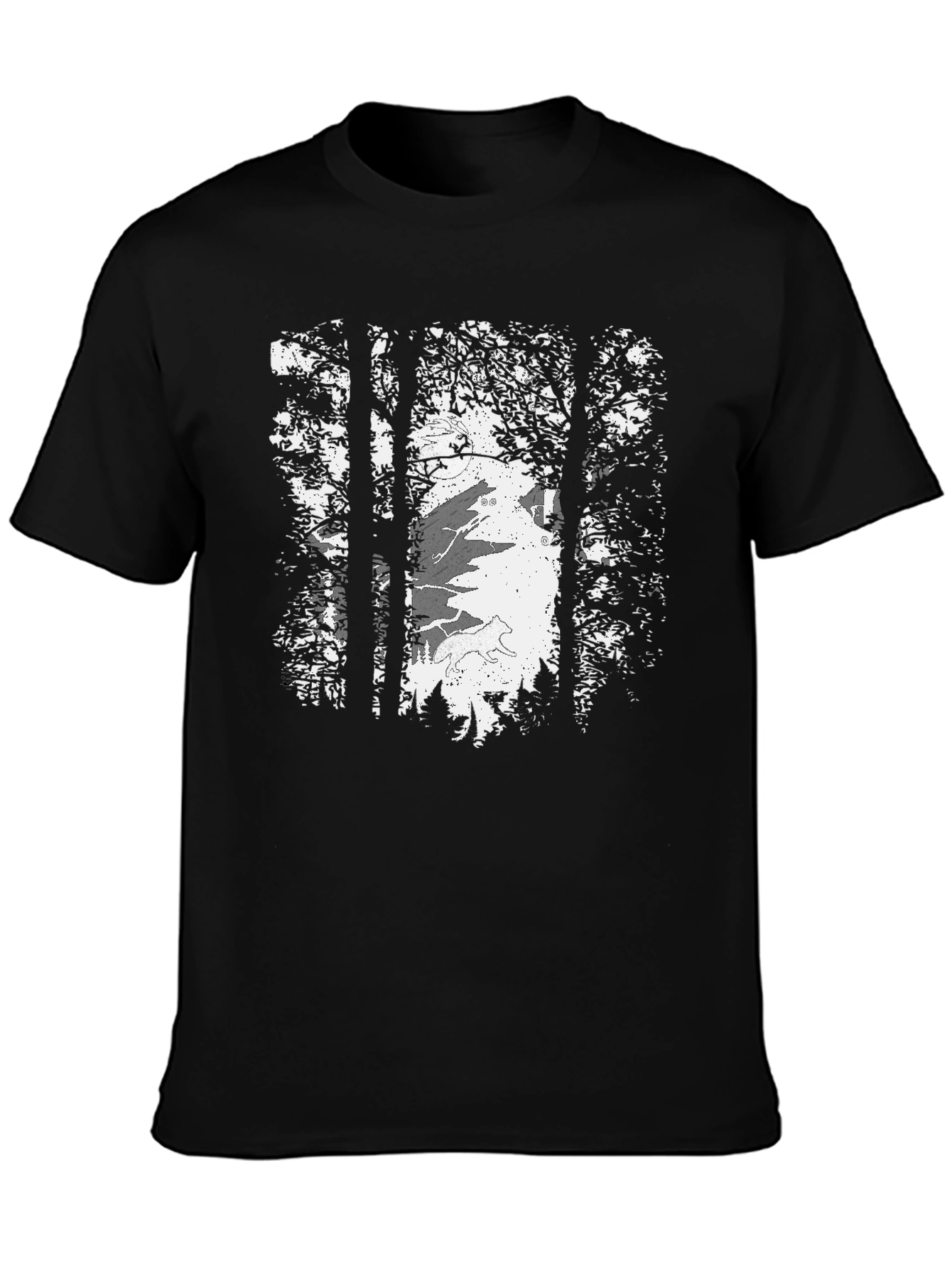 Wolf Moon Forest Tee - Graphic Print Black T-Shirt