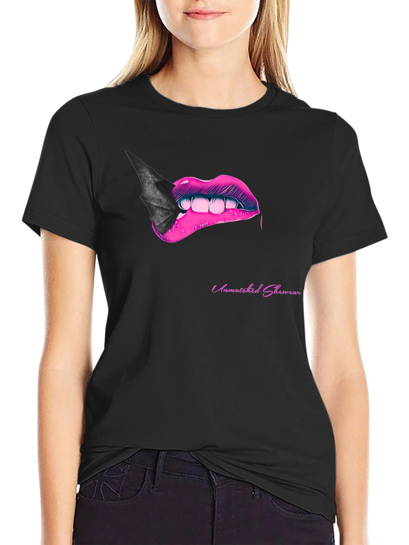 Bite Me Lips Bat Tee - Black Graphic T-Shirt
