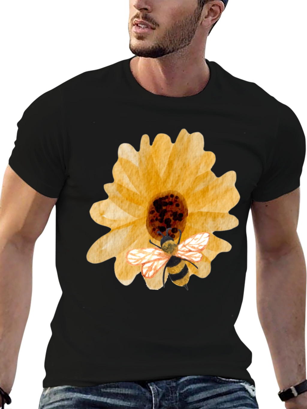 Sunflower & Bee Graphic Tee - Black Cotton Blend