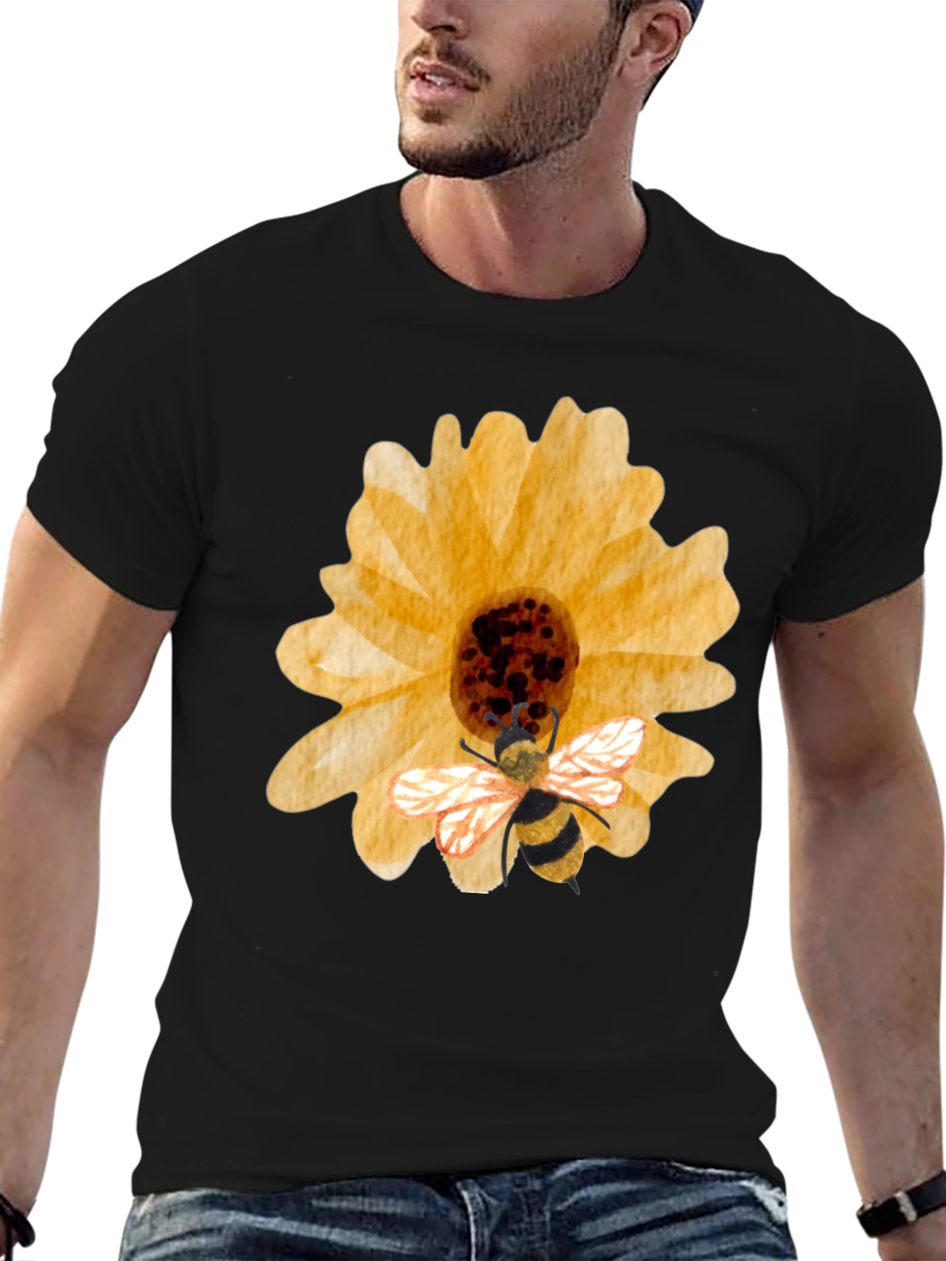 Sunflower & Bee Graphic Tee - Black Cotton Blend