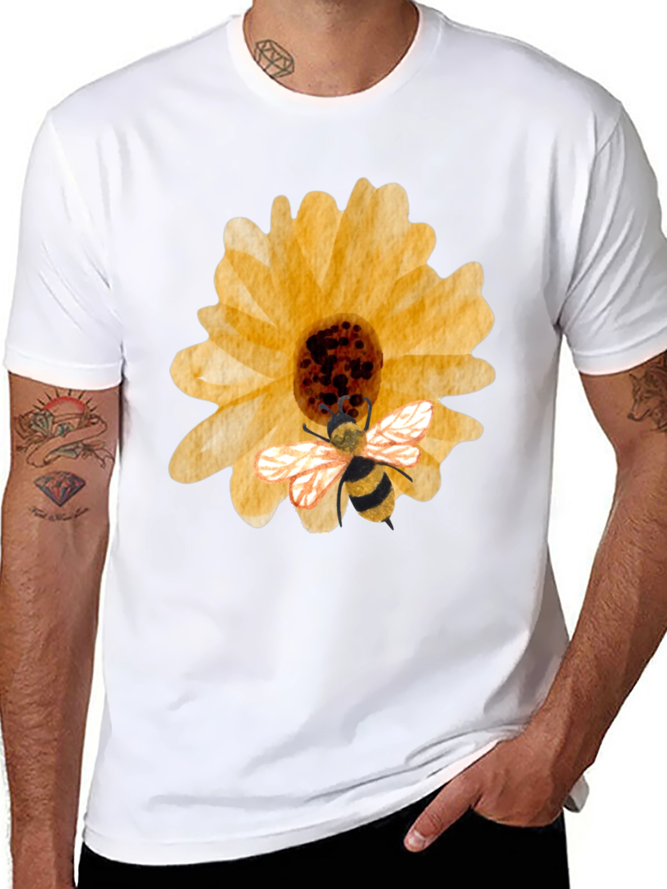 Sunflower & Bee Graphic Tee - Black Cotton Blend