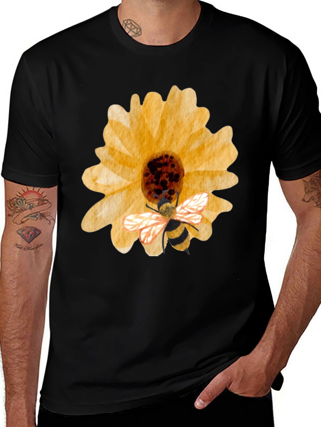 Sunflower & Bee Graphic Tee - Black Cotton Blend
