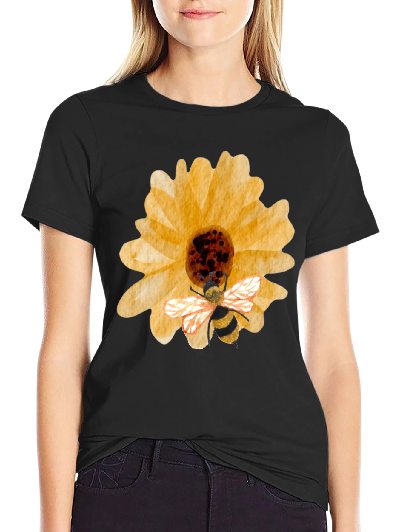 Sunflower & Bee Graphic Tee - Black Cotton Blend