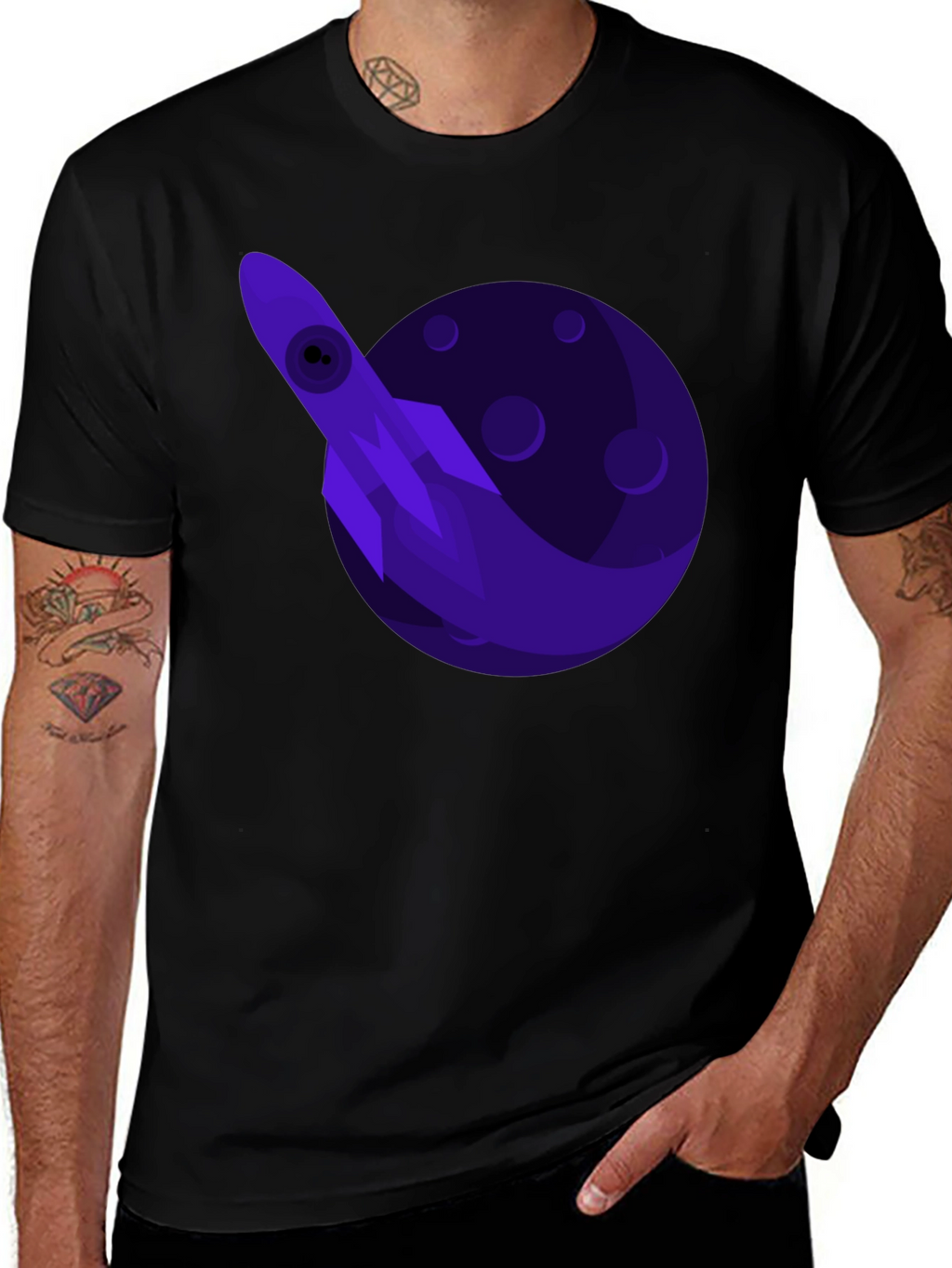 Space Rocket Graphic Tee - Black Cotton T-Shirt