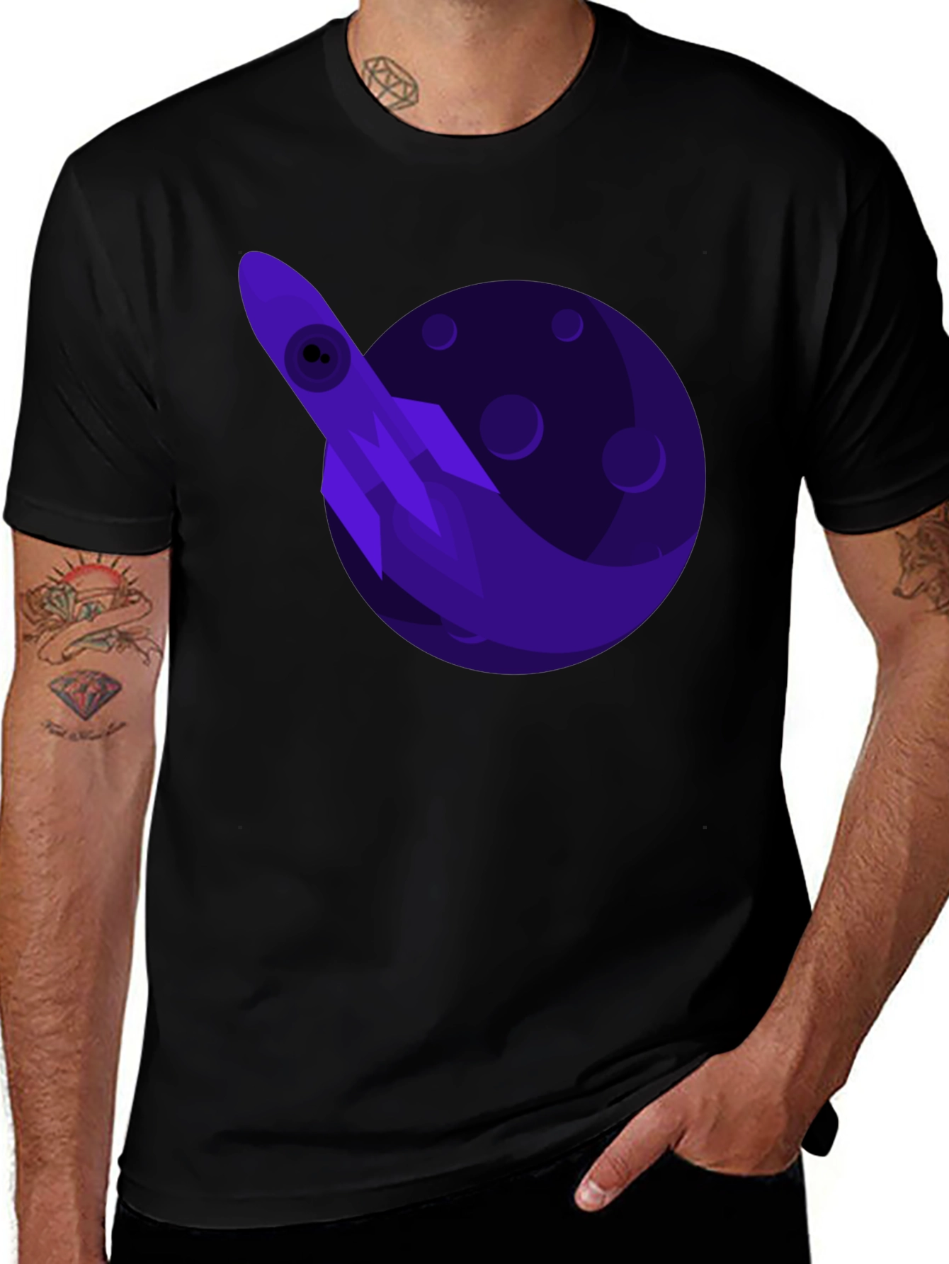 Space Rocket Graphic Tee - Black Cotton T-Shirt