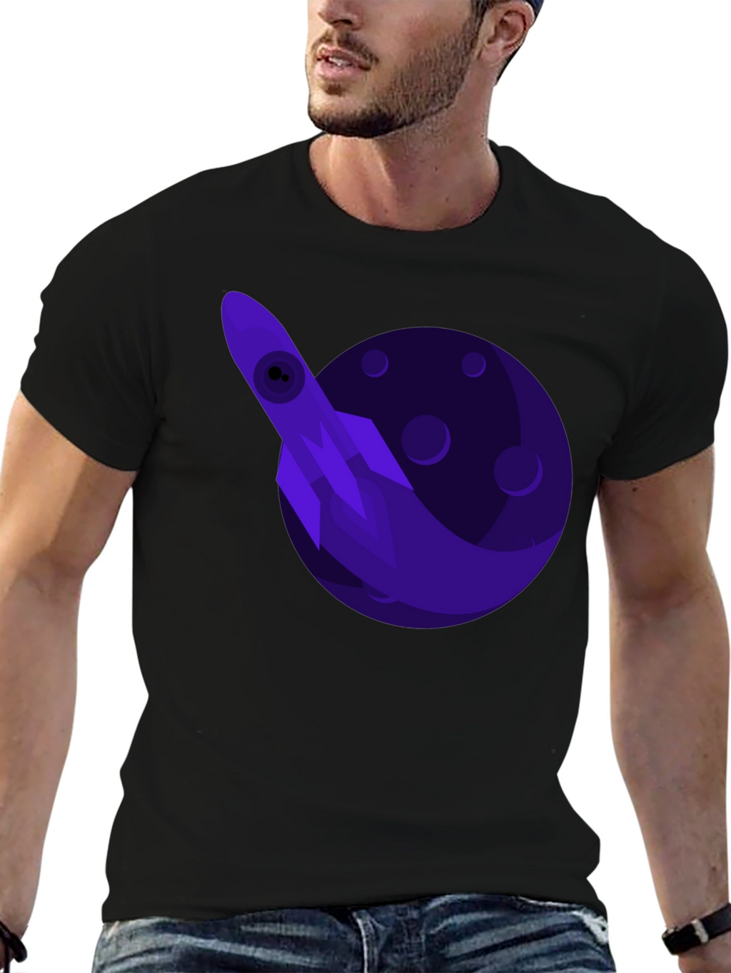 Space Rocket Graphic Tee - Black Cotton T-Shirt