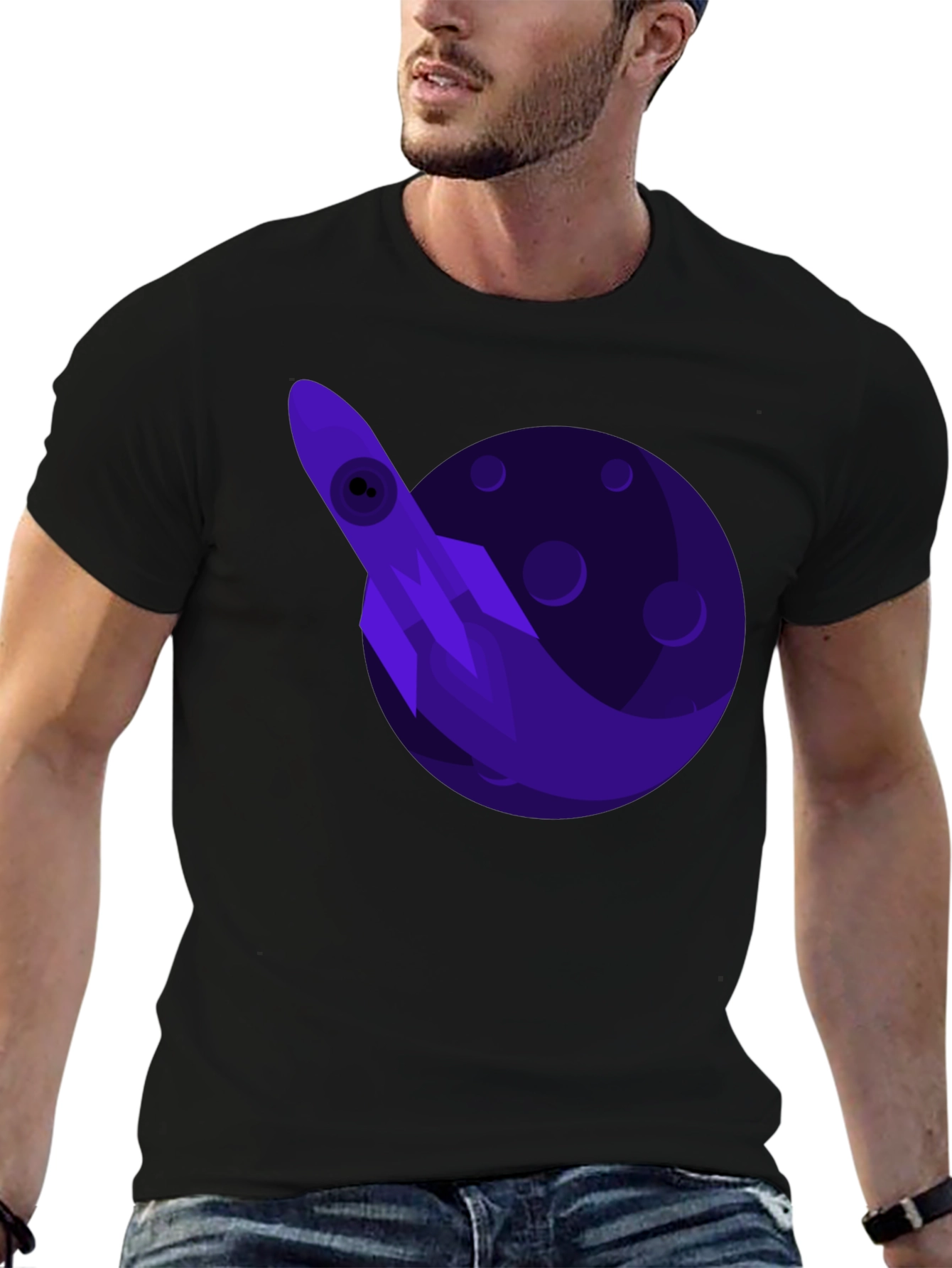 Space Rocket Graphic Tee - Black Cotton T-Shirt