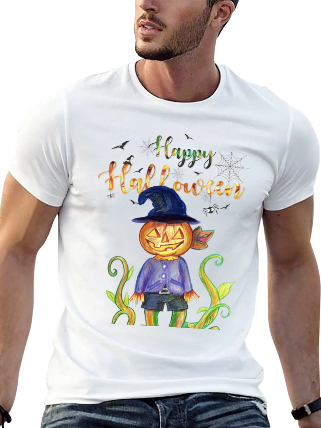 Happy Halloween Pumpkin Scarecrow Black T-Shirt