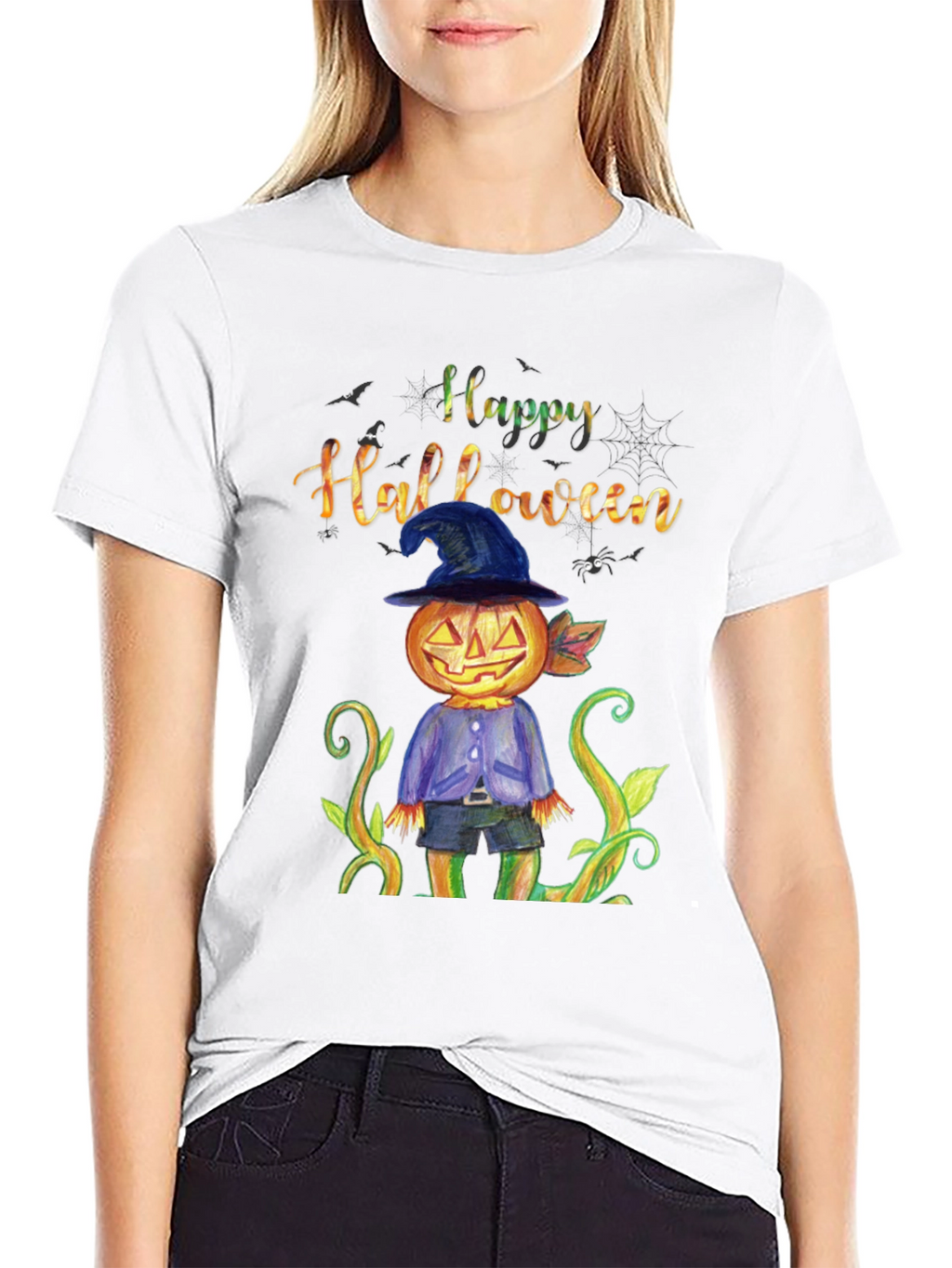 Happy Halloween Pumpkin Scarecrow Black T-Shirt