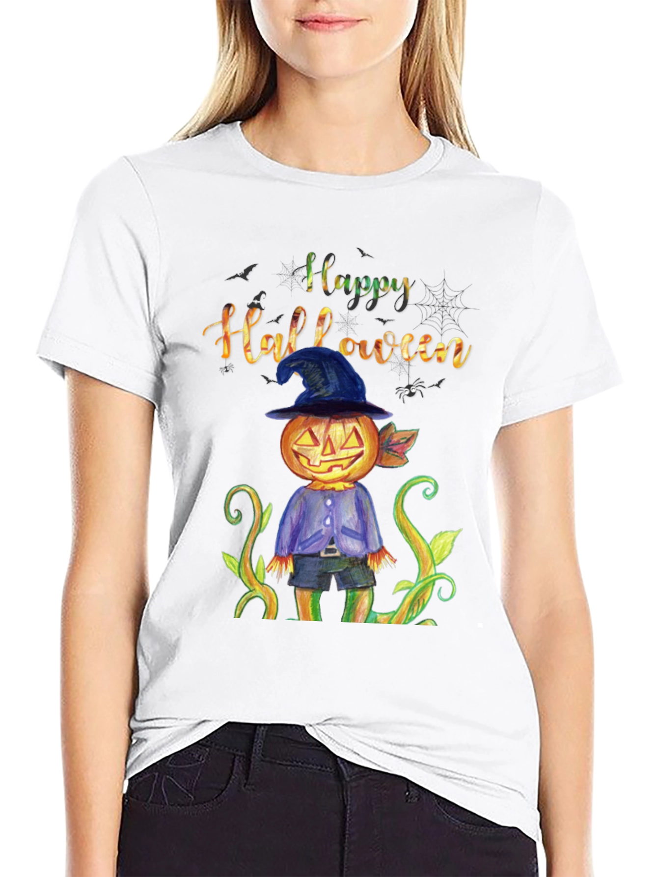 Happy Halloween Pumpkin Scarecrow Black T-Shirt