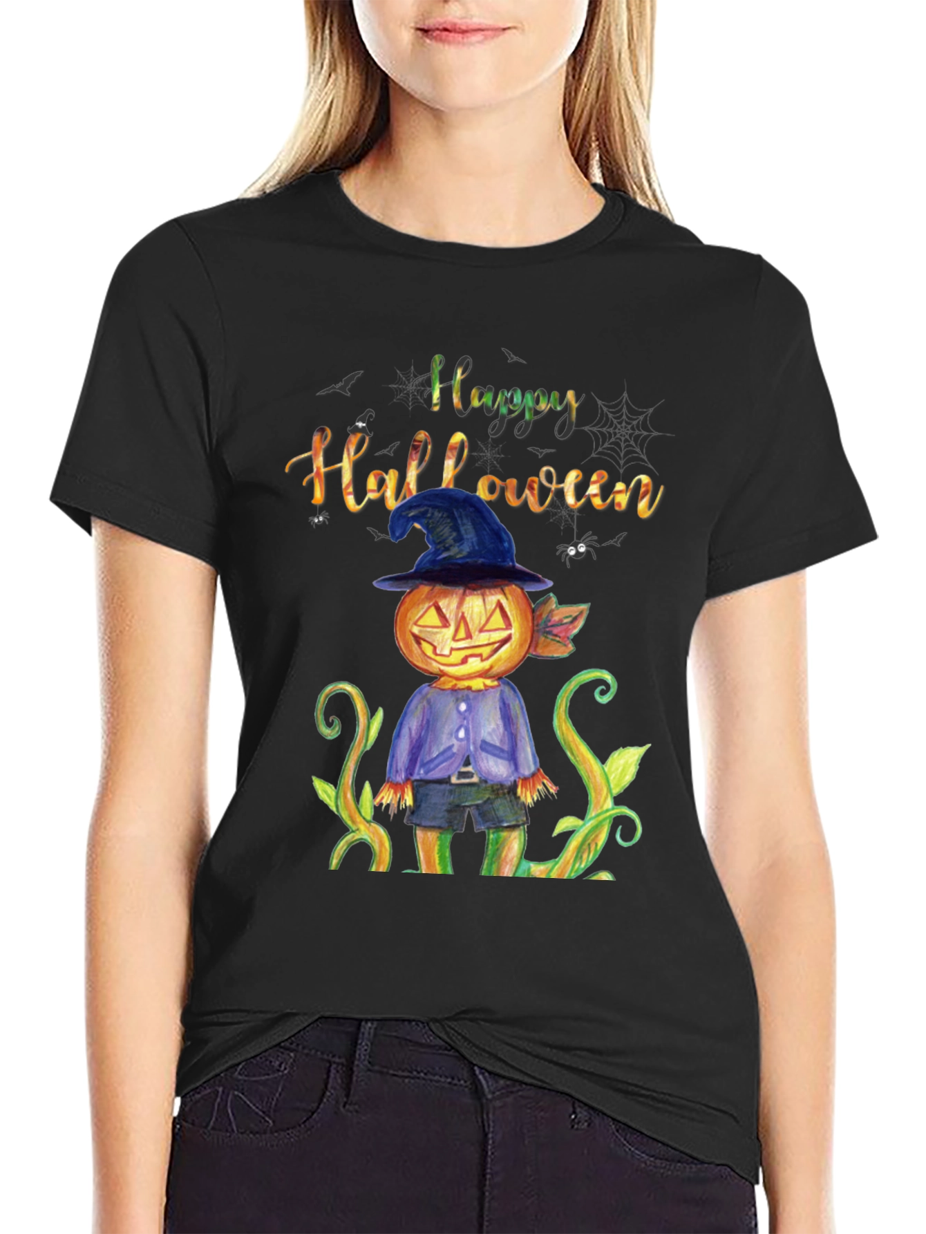 Happy Halloween Pumpkin Scarecrow Black T-Shirt