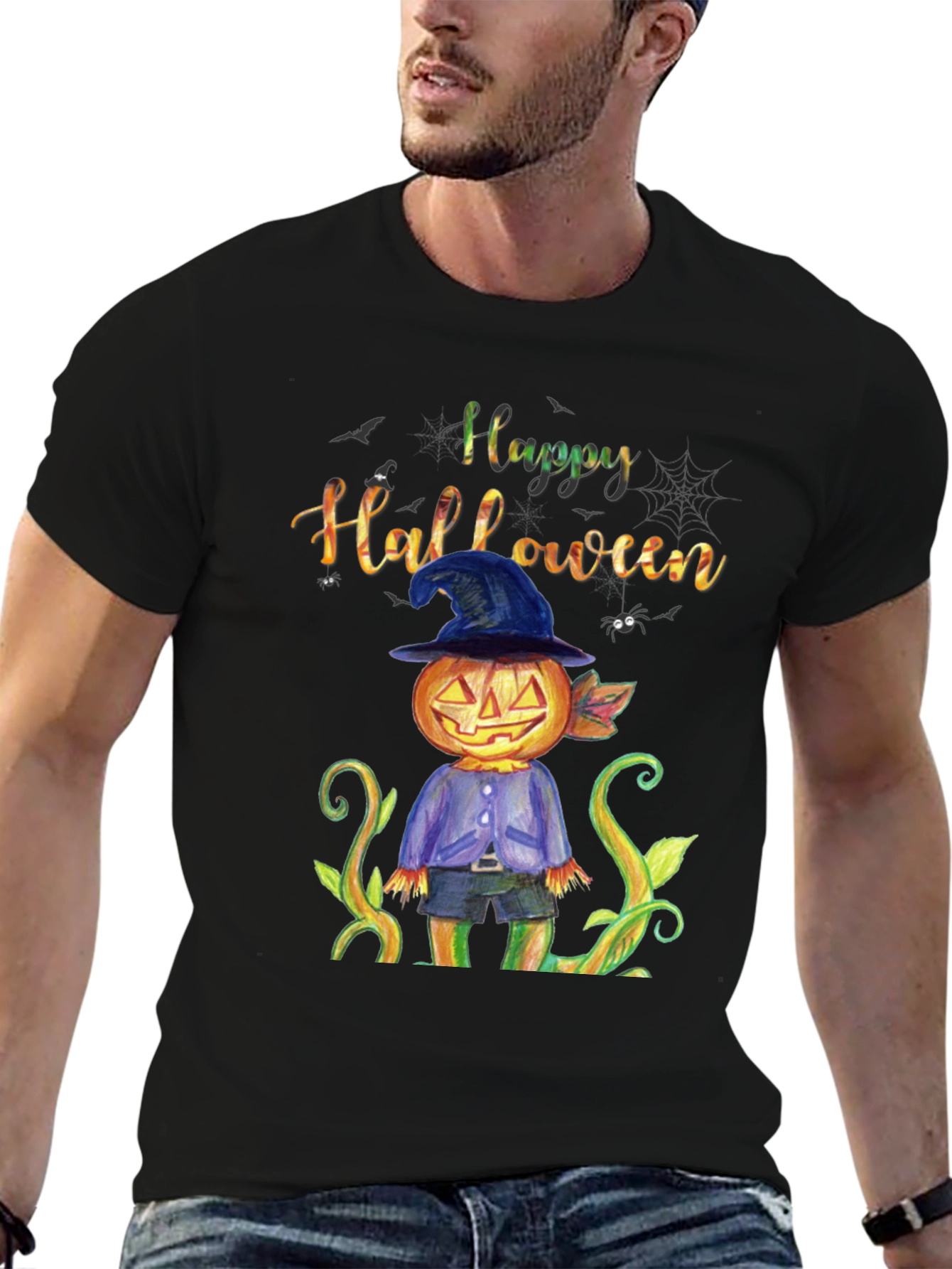 Happy Halloween Pumpkin Scarecrow Black T-Shirt