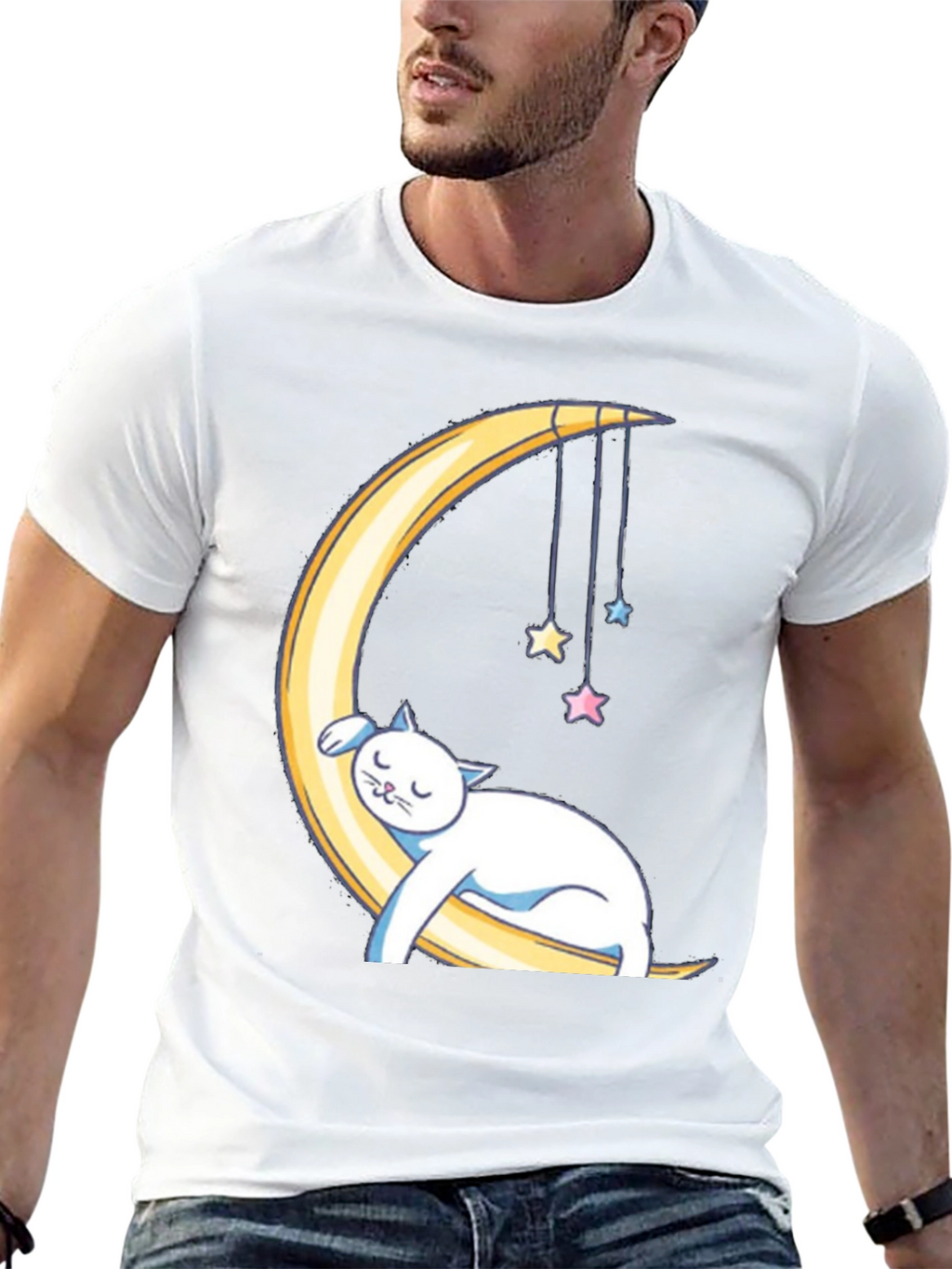 Cute Cat Sleeping on Moon Graphic T-Shirt