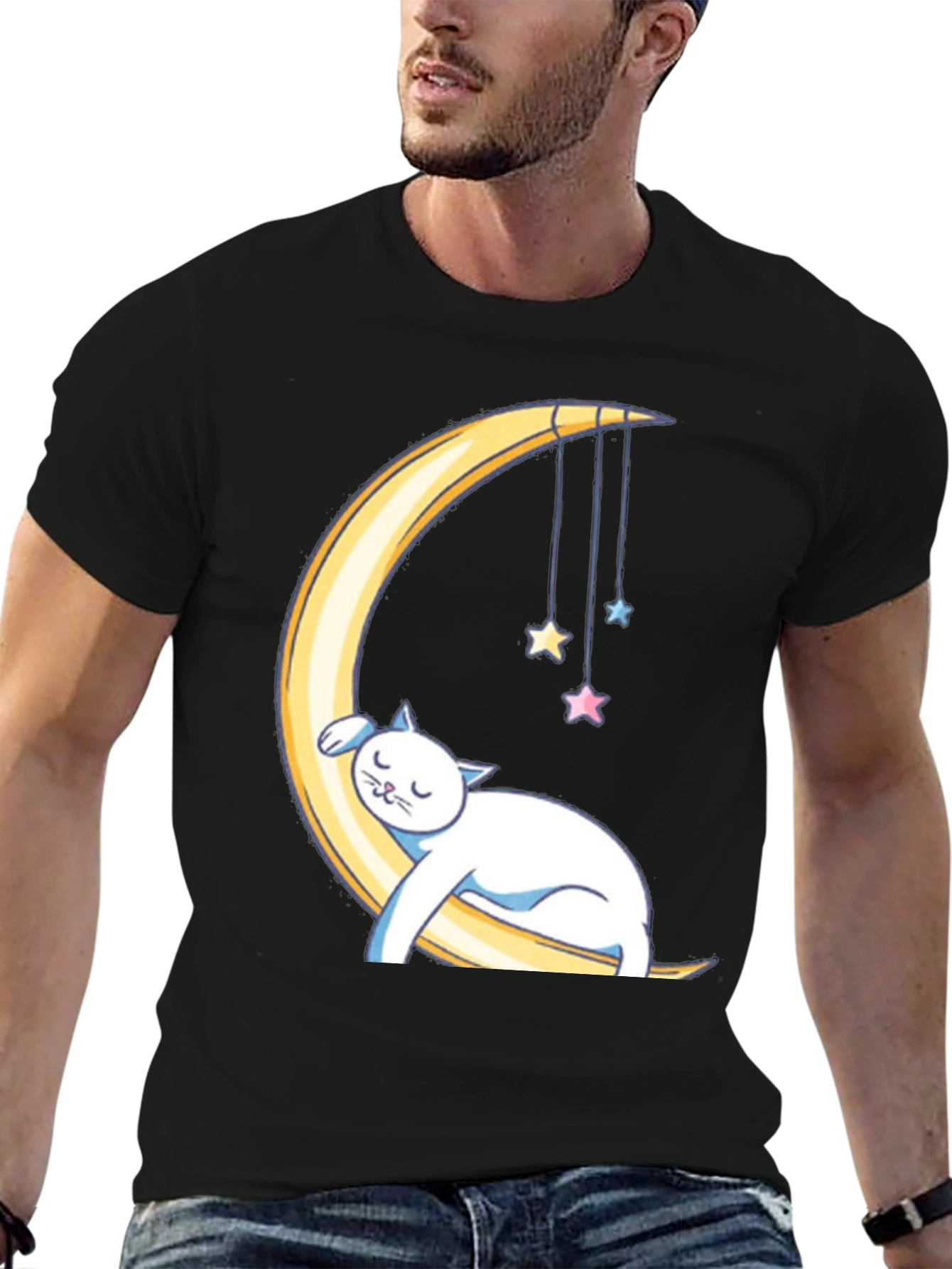 Cute Cat Sleeping on Moon Graphic T-Shirt