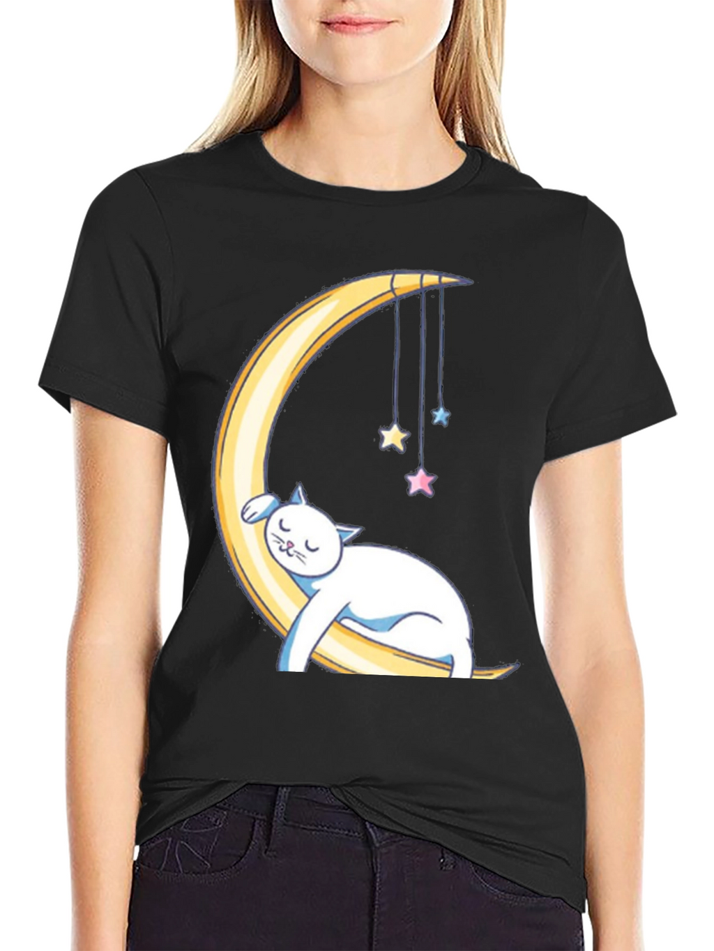 Cute Cat Sleeping on Moon Graphic T-Shirt