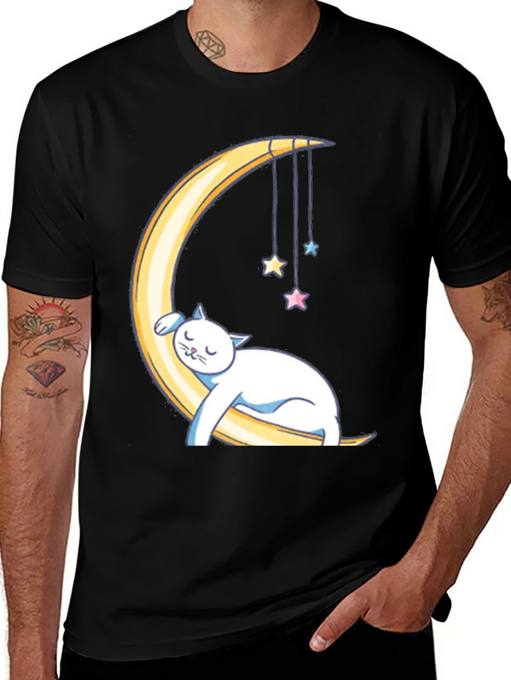 Cute Cat Sleeping on Moon Graphic T-Shirt