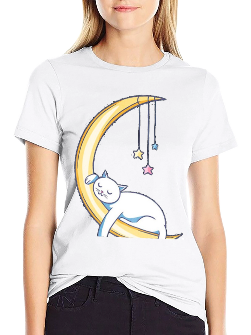 Cute Cat Sleeping on Moon Graphic T-Shirt