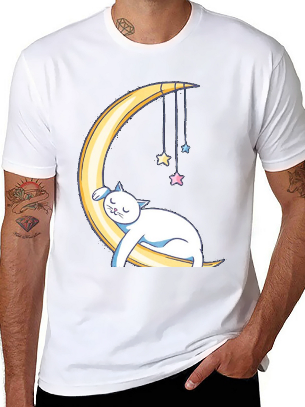 Cute Cat Sleeping on Moon Graphic T-Shirt