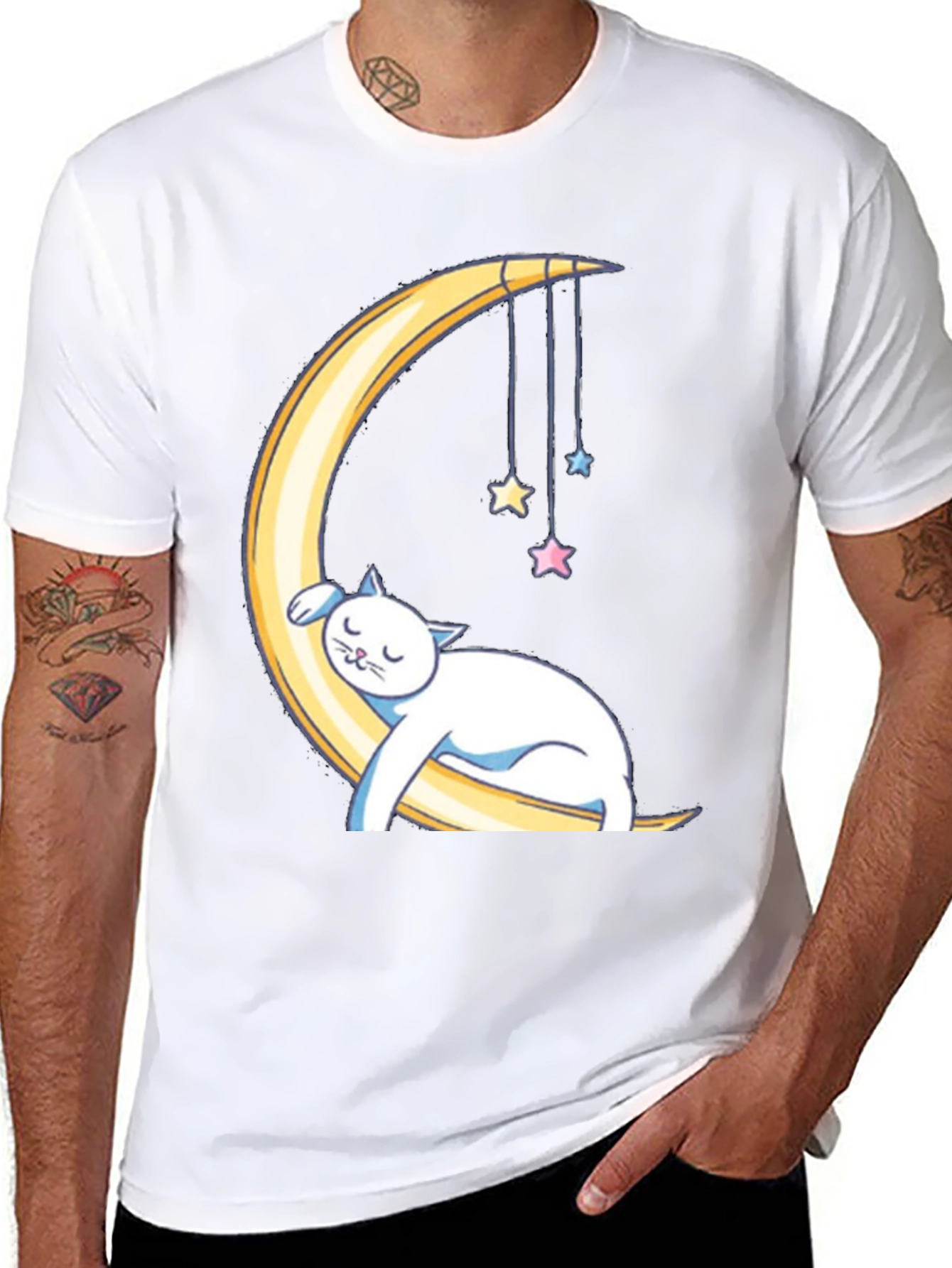Cute Cat Sleeping on Moon Graphic T-Shirt
