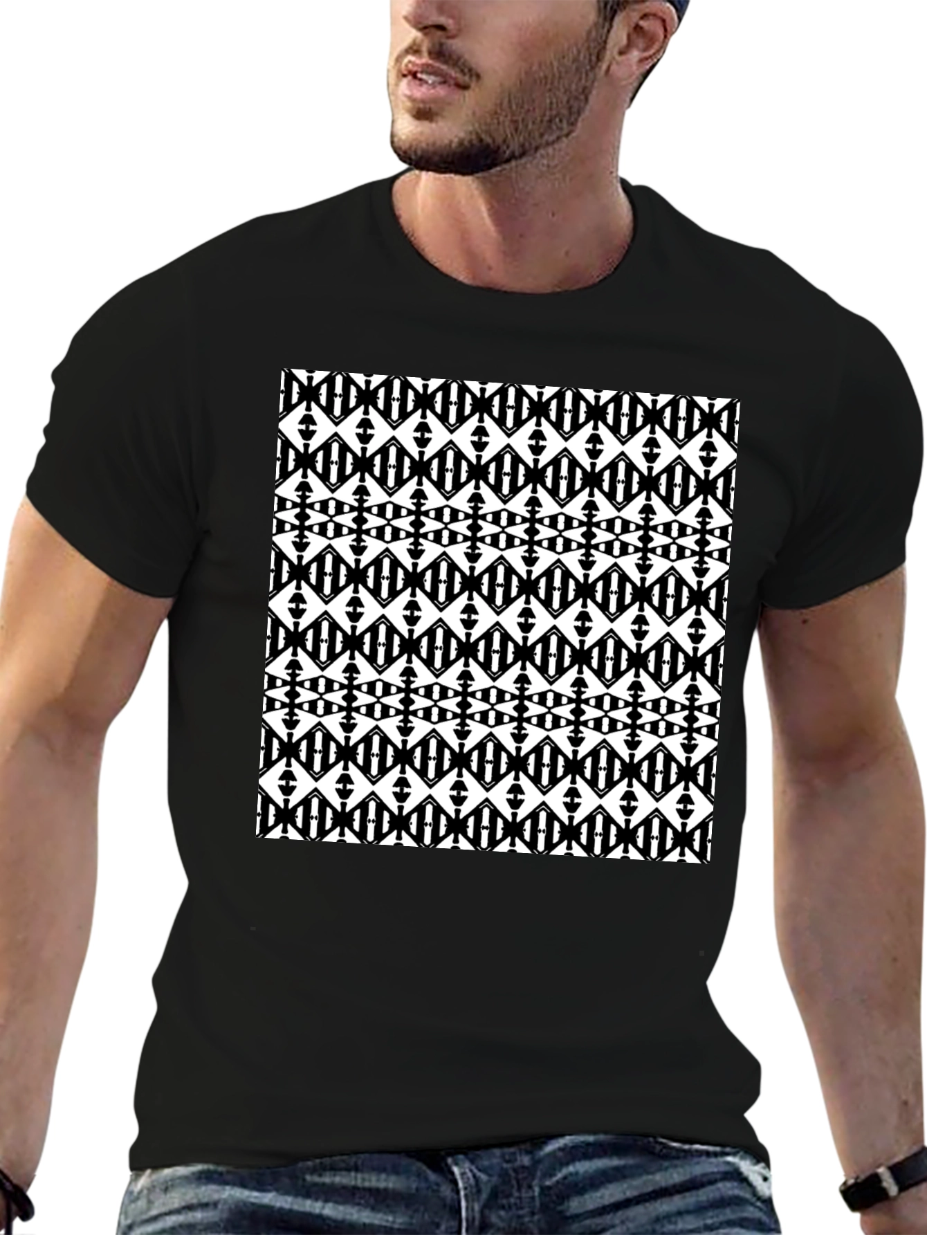 Black Graphic Tee - Geometric Diamond Pattern